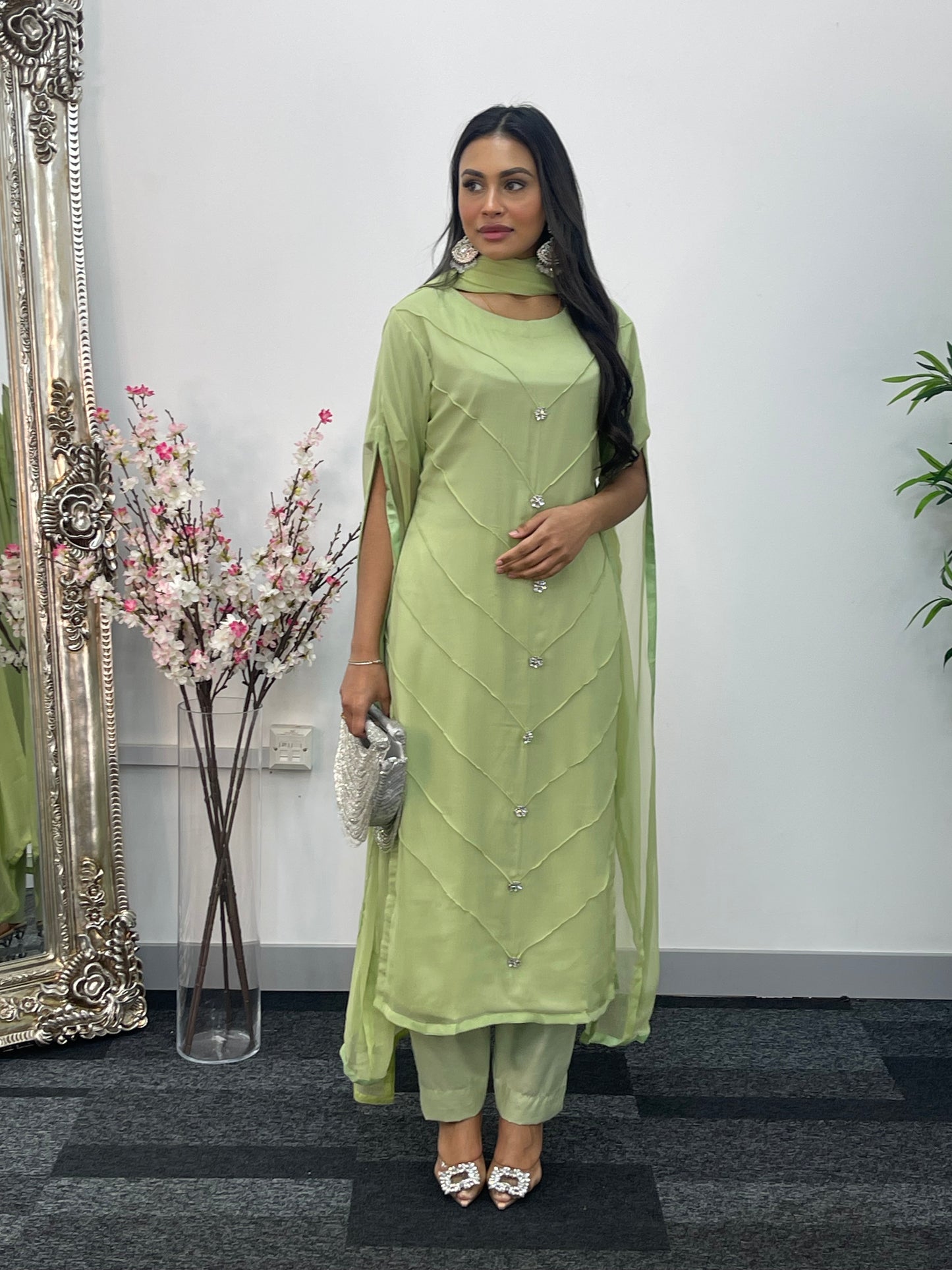 Green - Floor Length Sleeves - Chiffon Outfit -