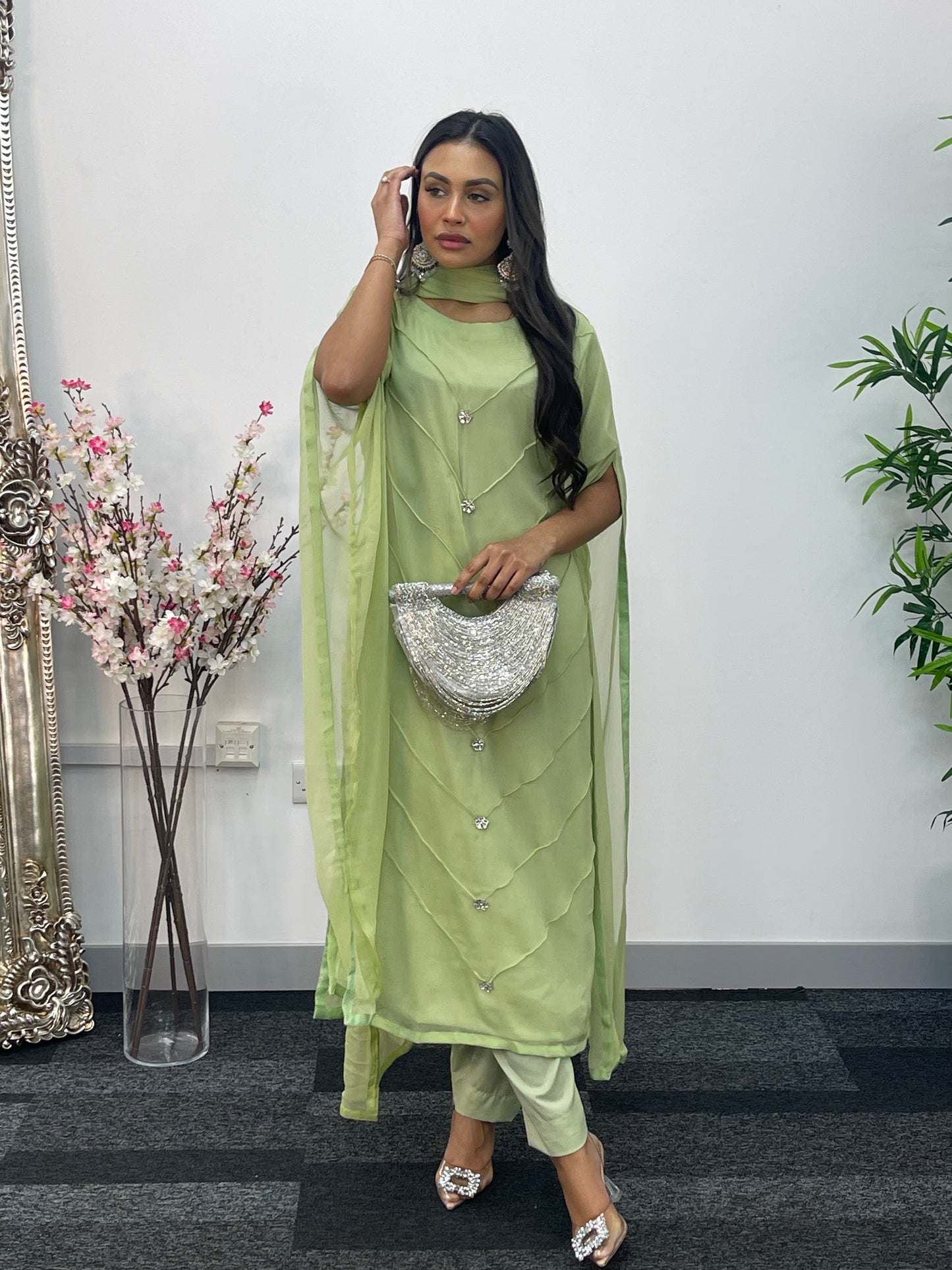 Green - Floor Length Sleeves - Chiffon Outfit -