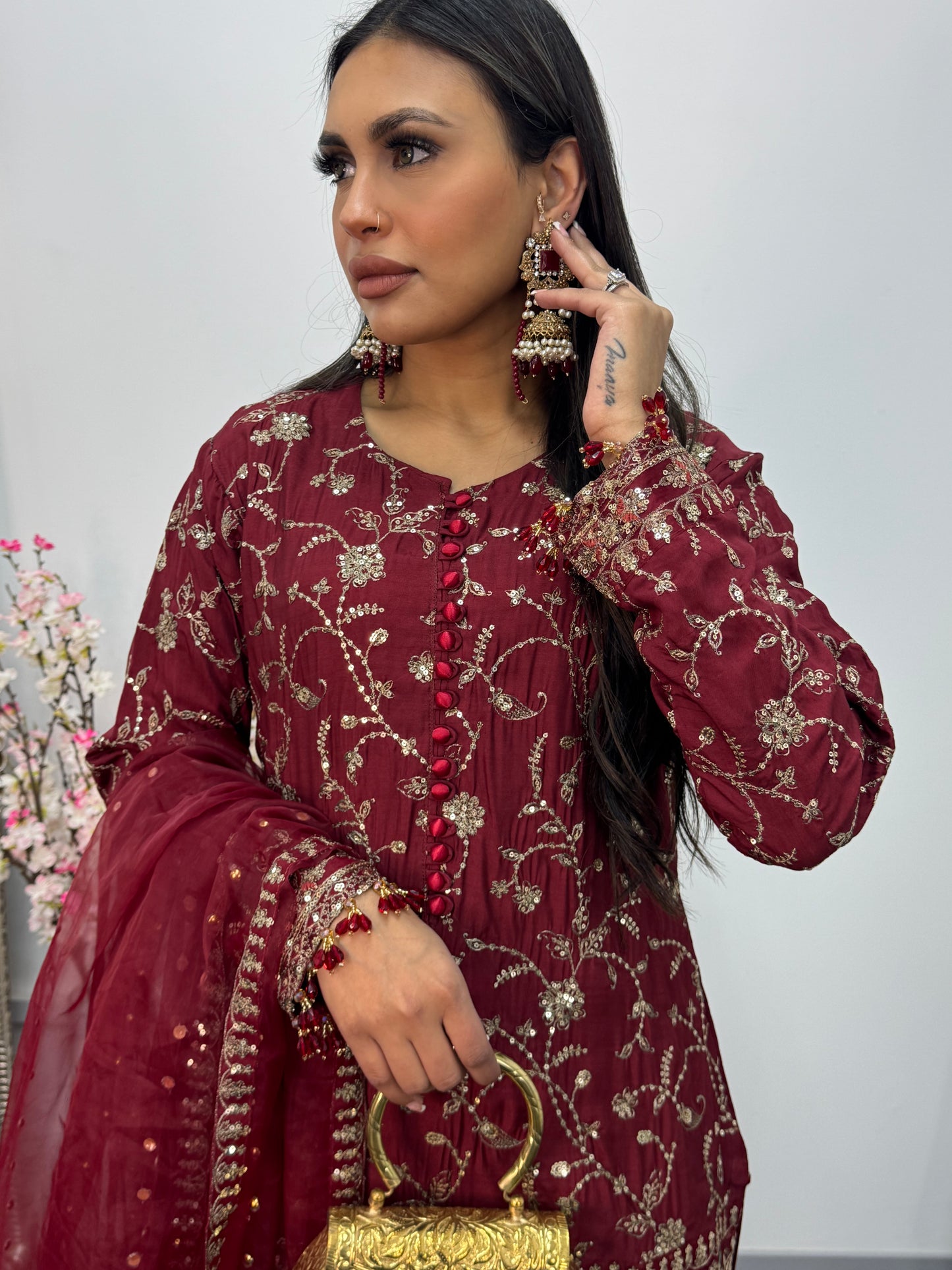 “Dulhan” Maria B Inspired - Embriodered Maroon Garara - Wedding - Jacquard