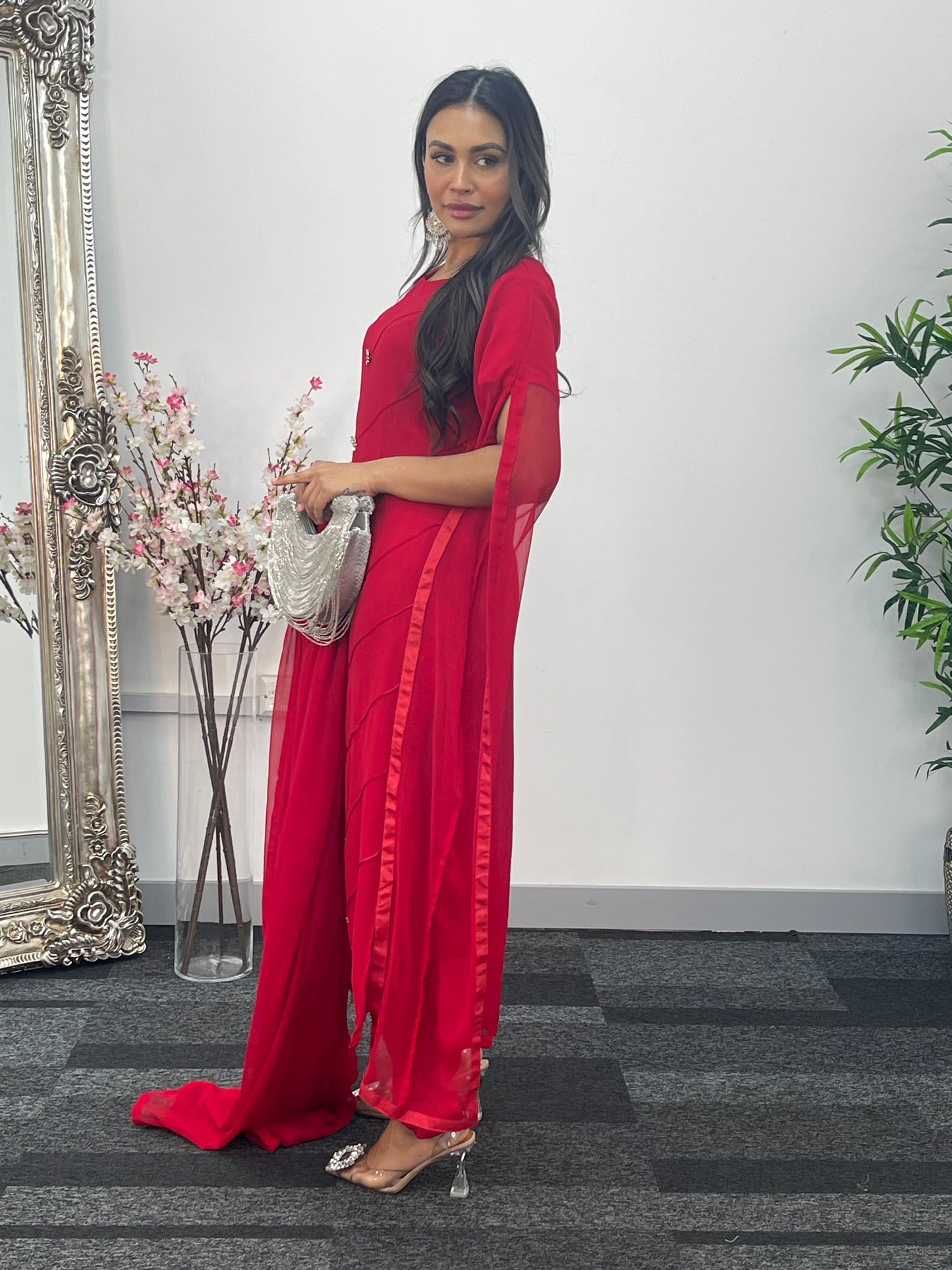 Red - Floor Length Sleeves - Chiffon Outfit -