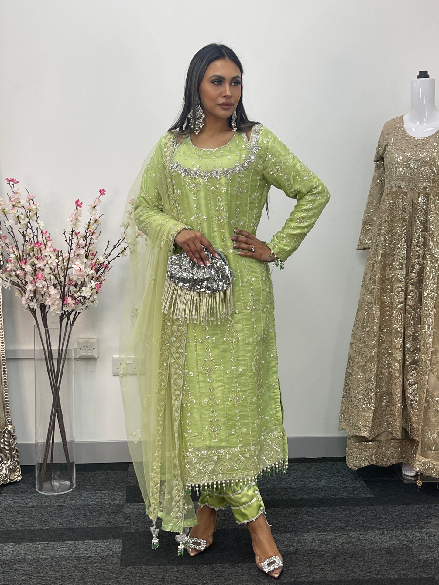 Ronaq- Korean Silk Cut Dana - Party Wear - Mint Green