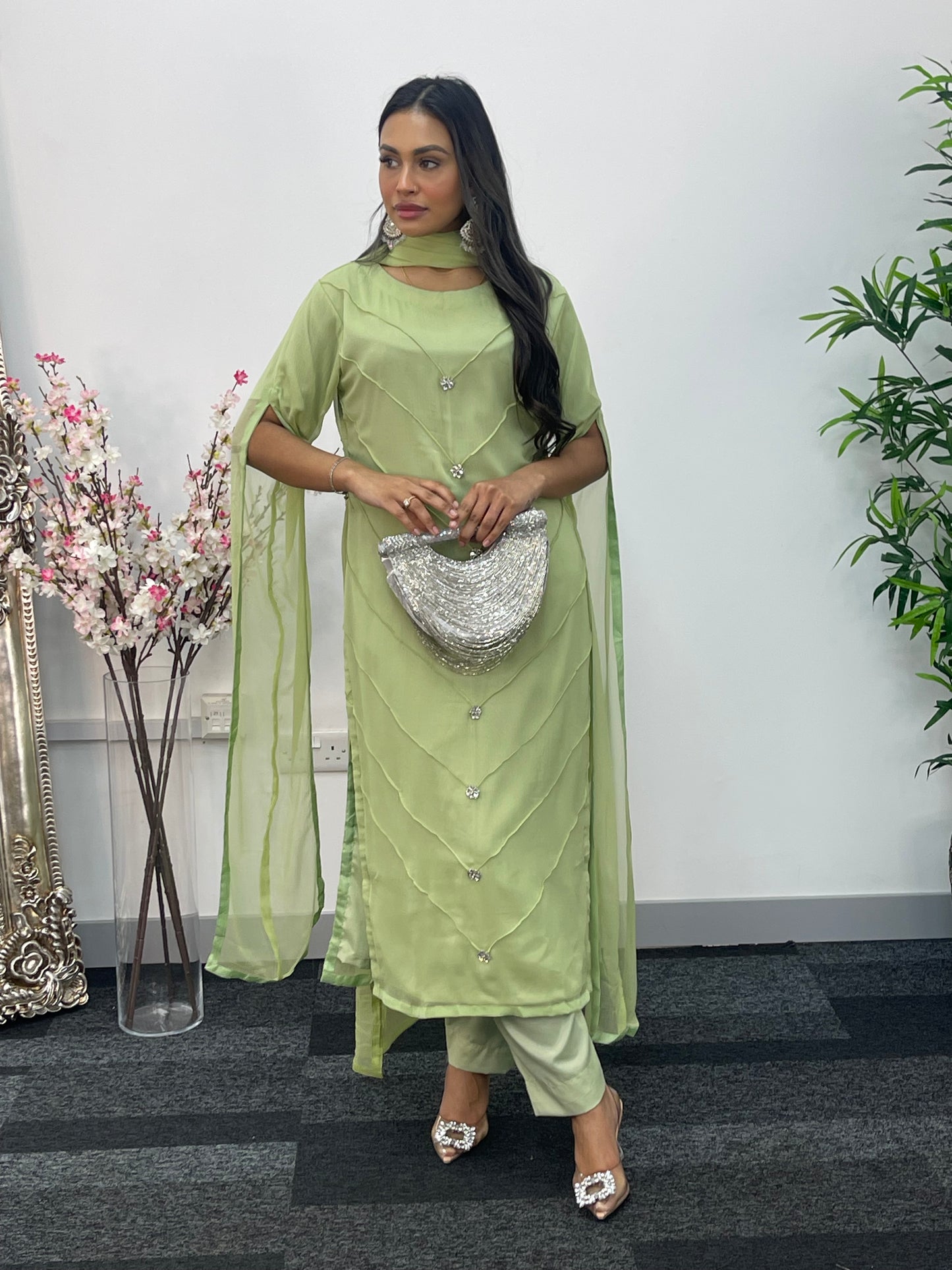 Green - Floor Length Sleeves - Chiffon Outfit -