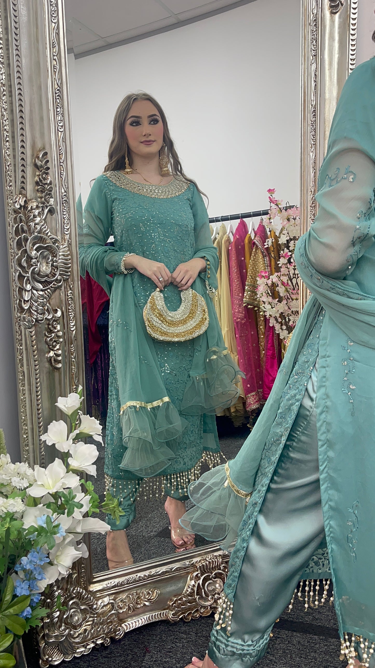 Chamkeeli - Hand Work - Chiffon Party Wear - Egg Duck Blue