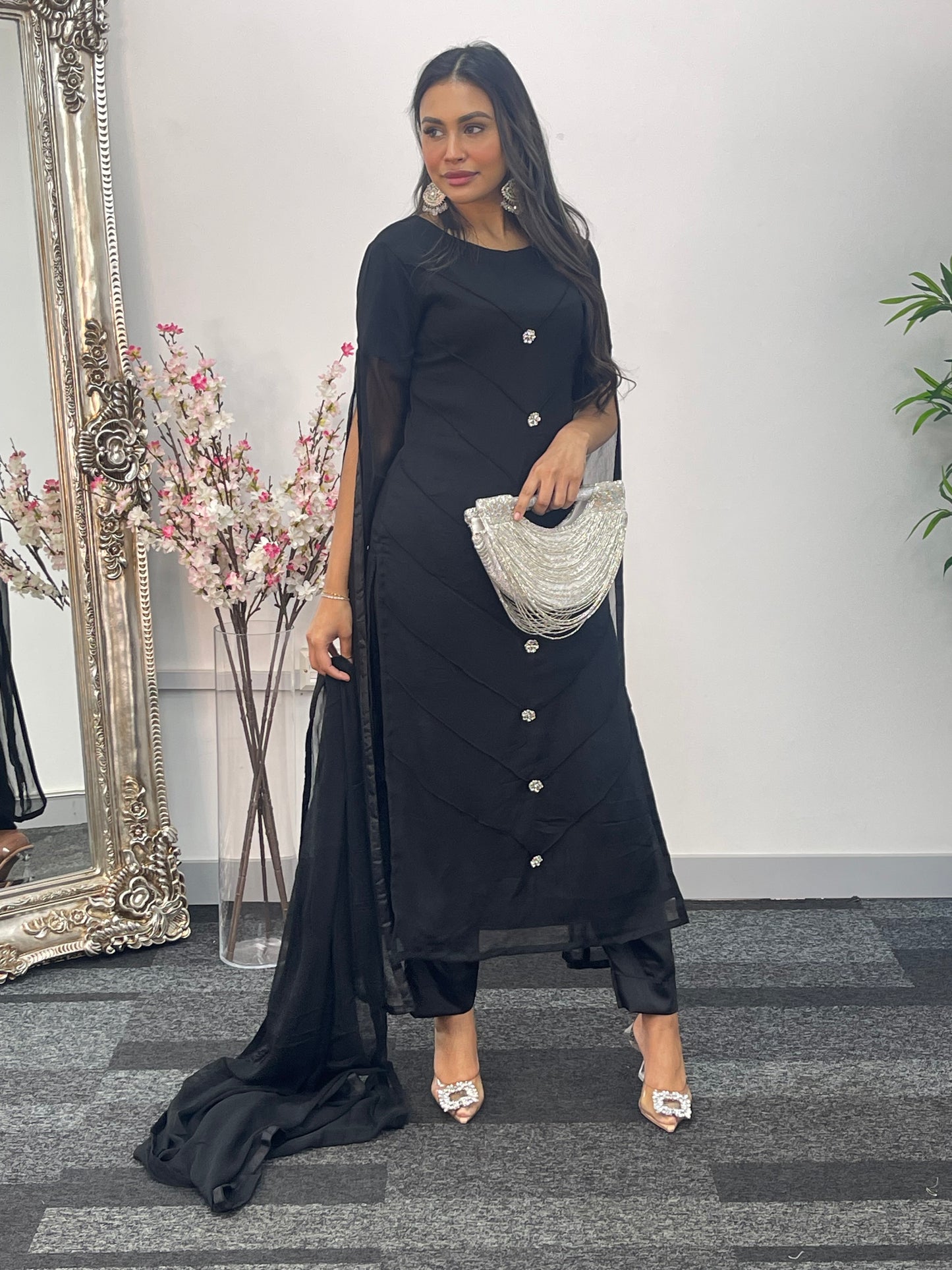 Black - Floor Length Sleeves - Chiffon Outfit -
