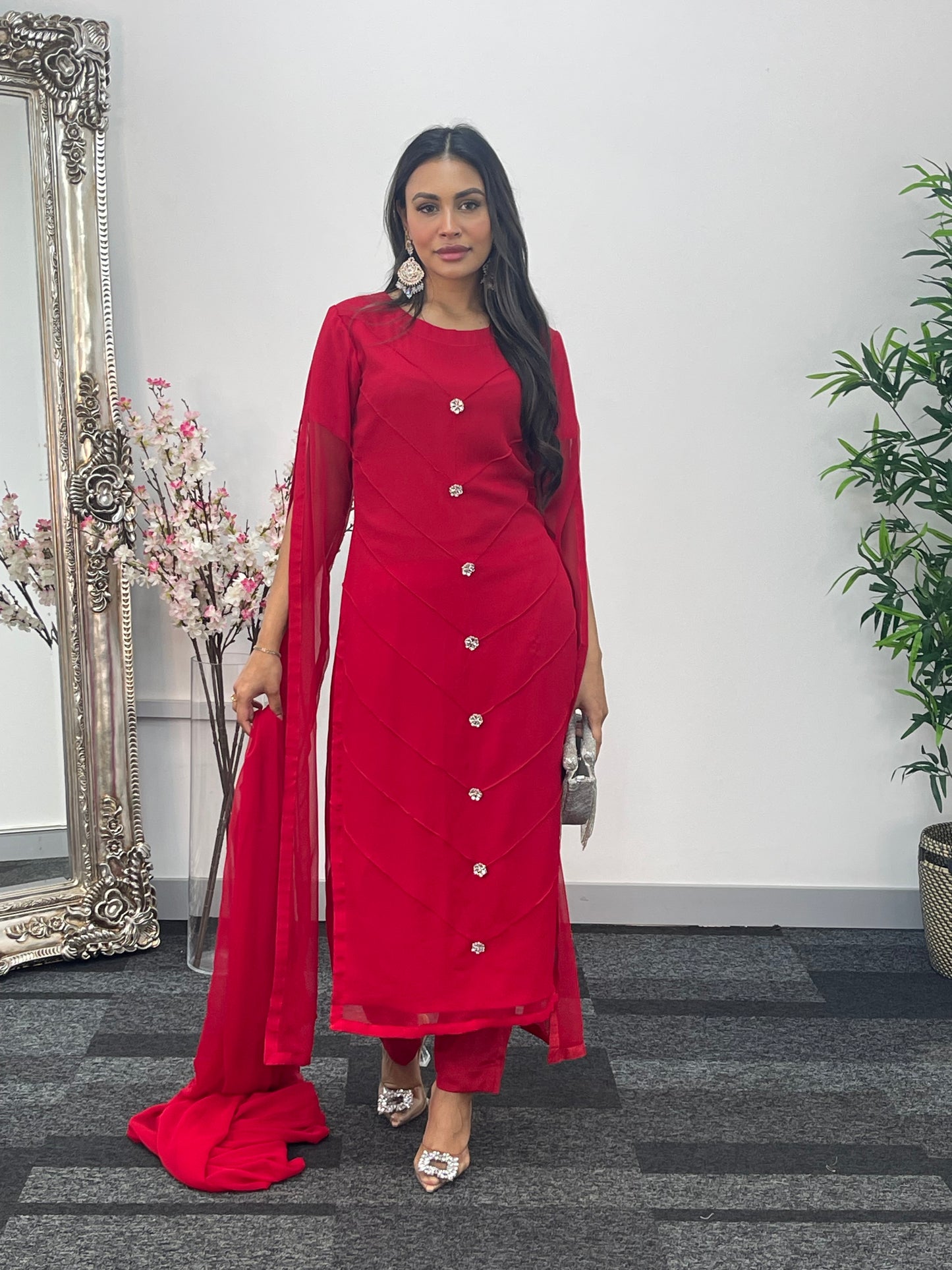 Red - Floor Length Sleeves - Chiffon Outfit -