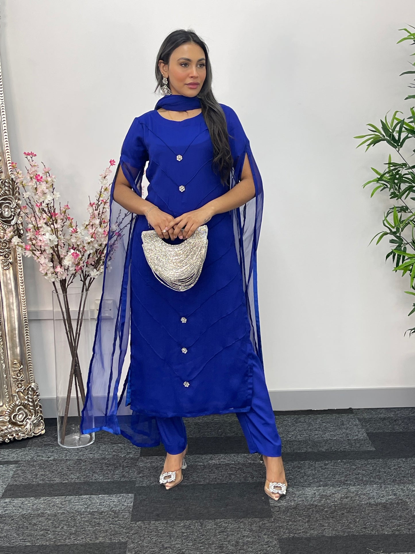 Blue - Floor Length Sleeves - Chiffon Outfit -