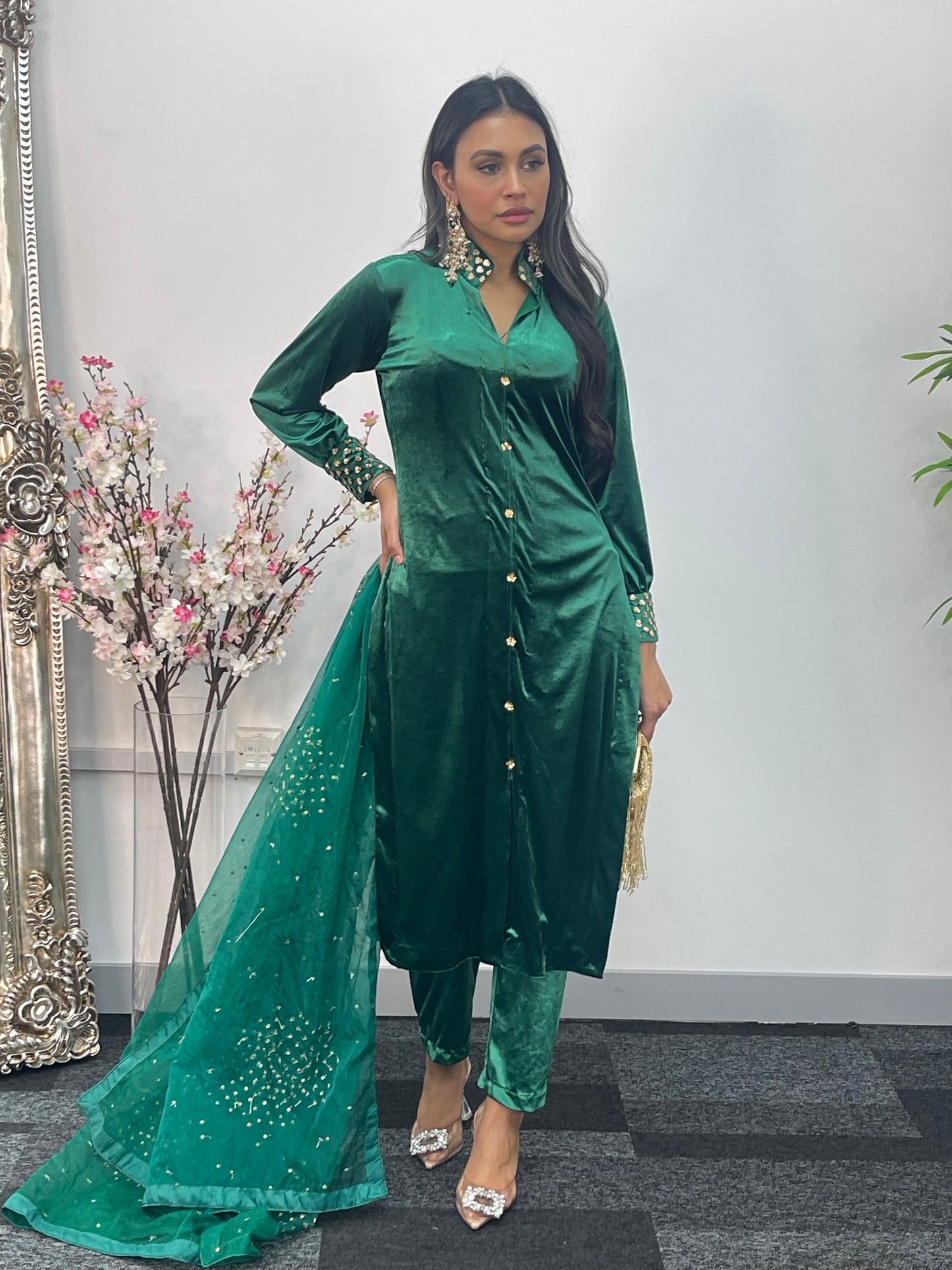 Sona l Green Silk Velvet - Party Outfit l