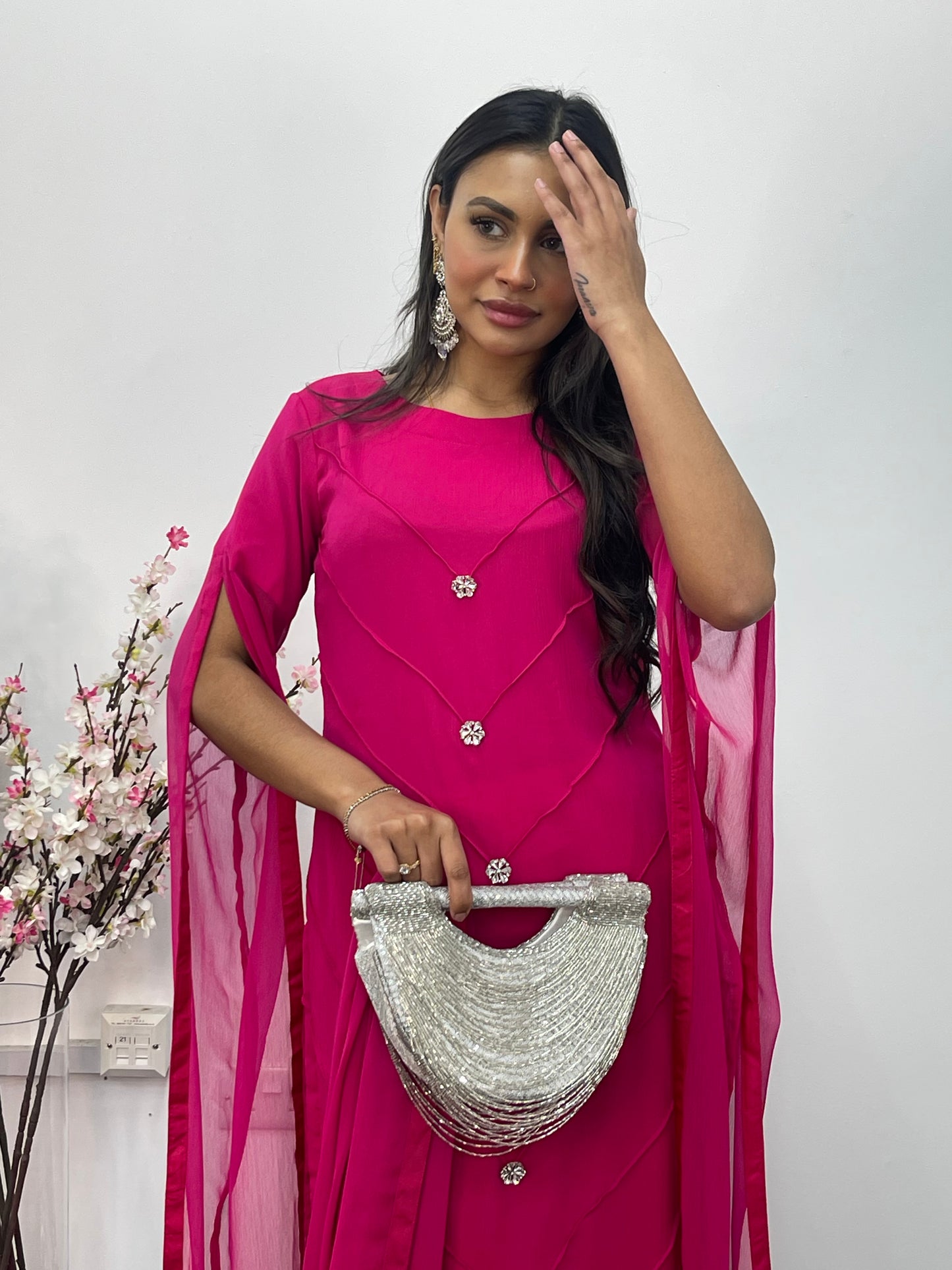Hot Pink - Floor Length Sleeves - Chiffon Outfit -