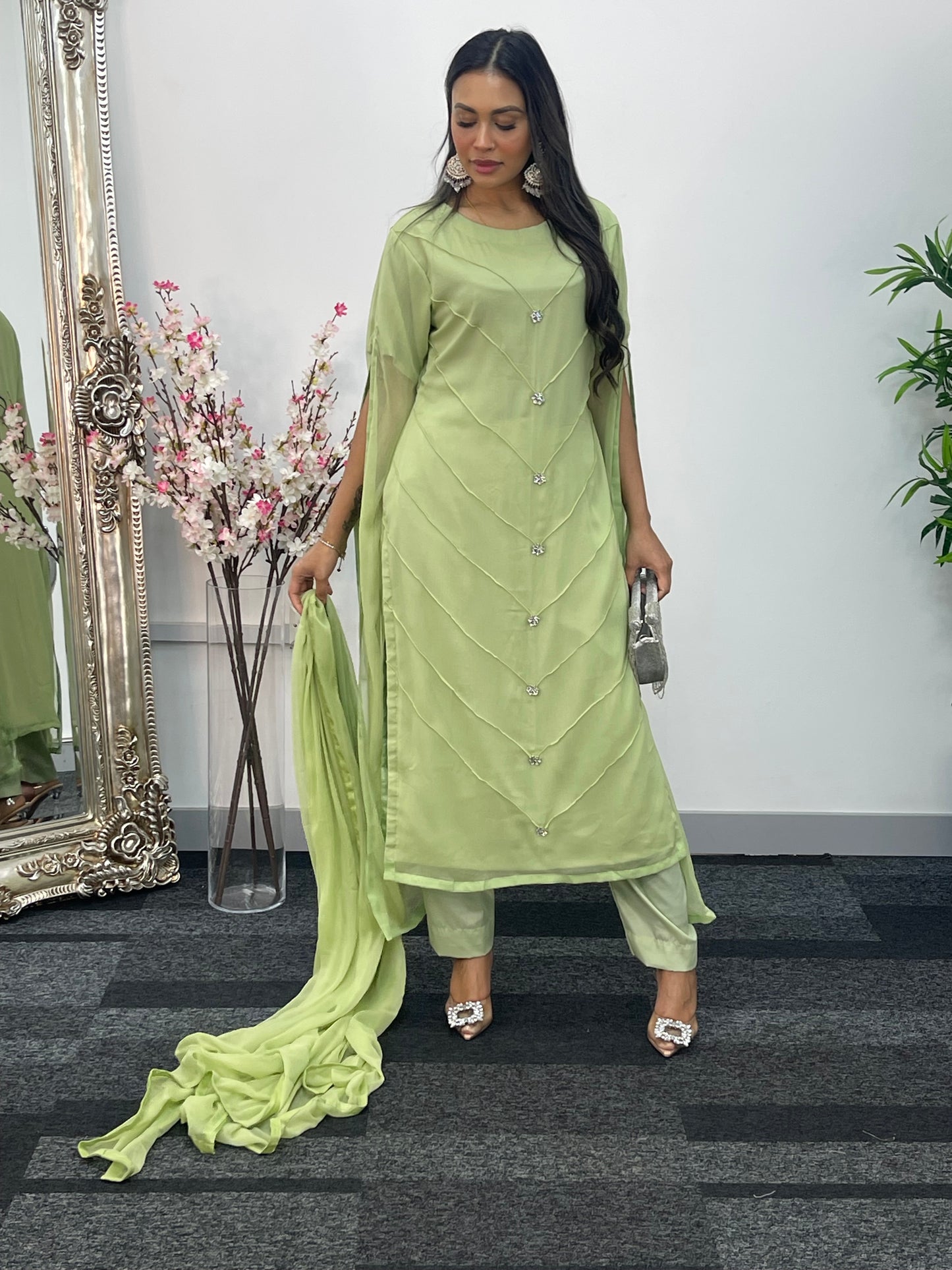 Green - Floor Length Sleeves - Chiffon Outfit -