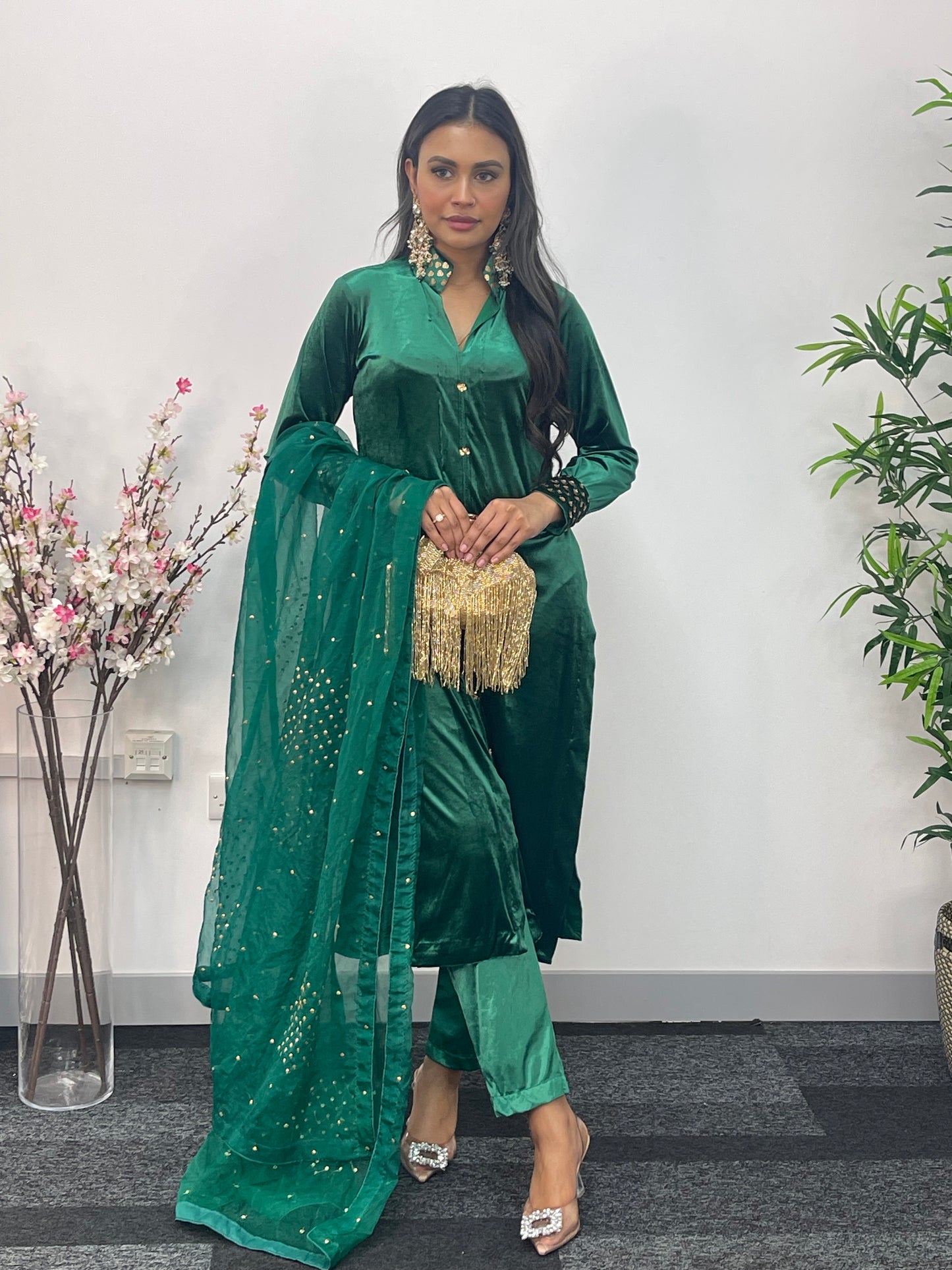Sona l Green Silk Velvet - Party Outfit l