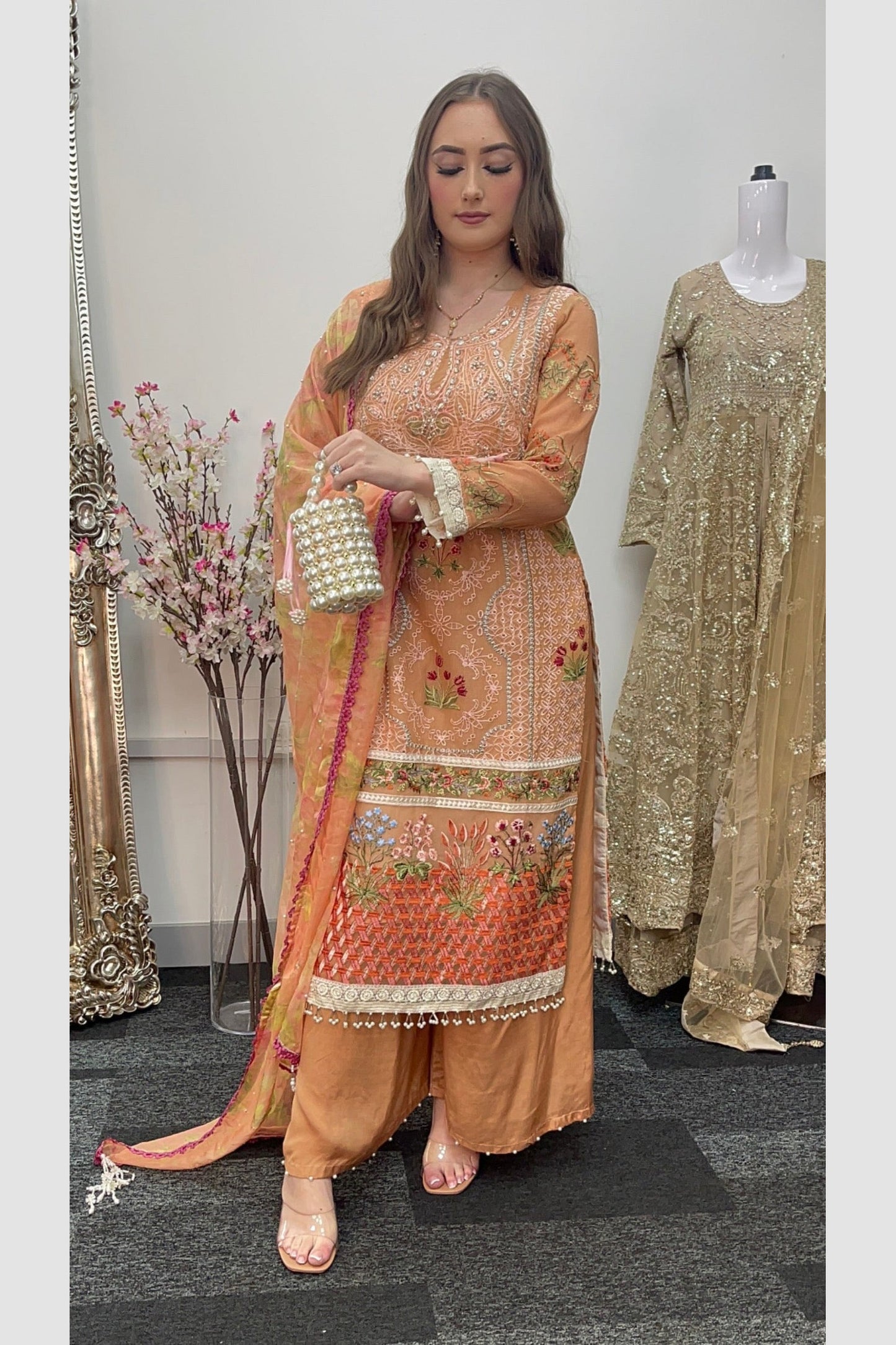 Mushq - Kahani - Peach Cotton Net - Party Wear