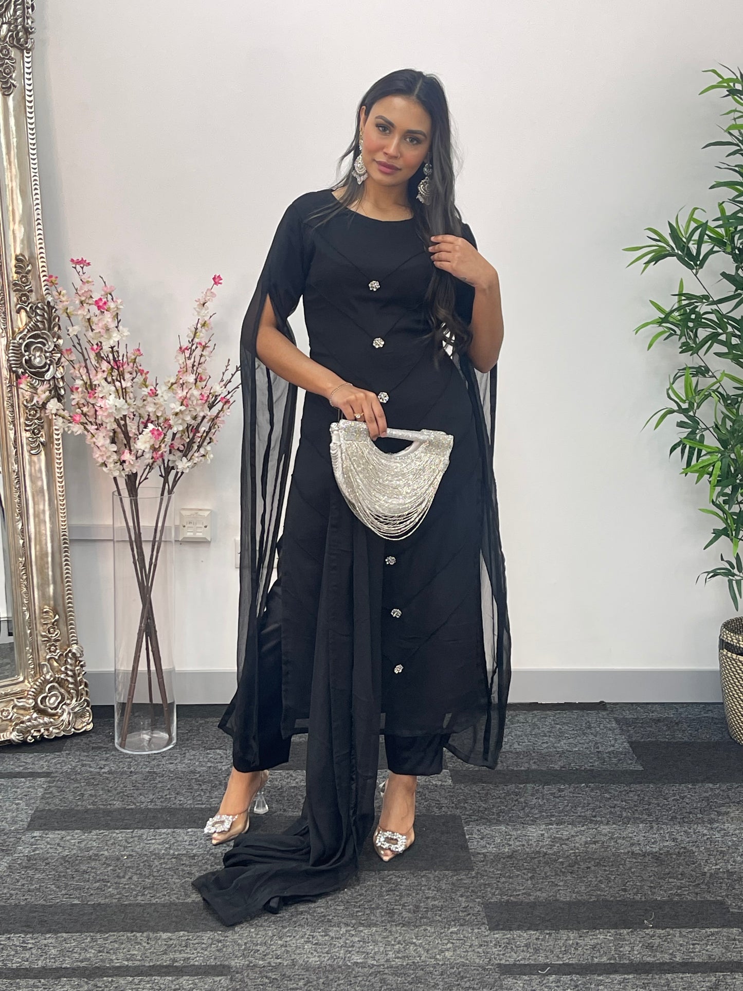 Black - Floor Length Sleeves - Chiffon Outfit -