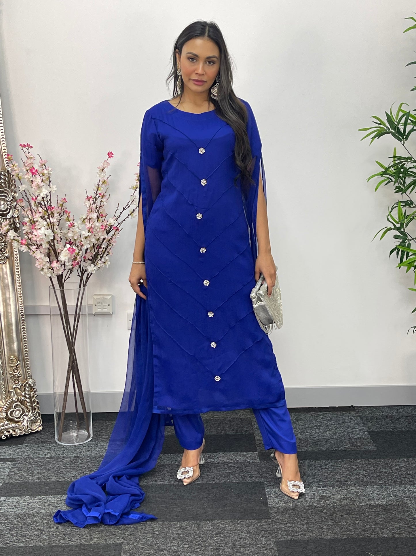 Blue - Floor Length Sleeves - Chiffon Outfit -