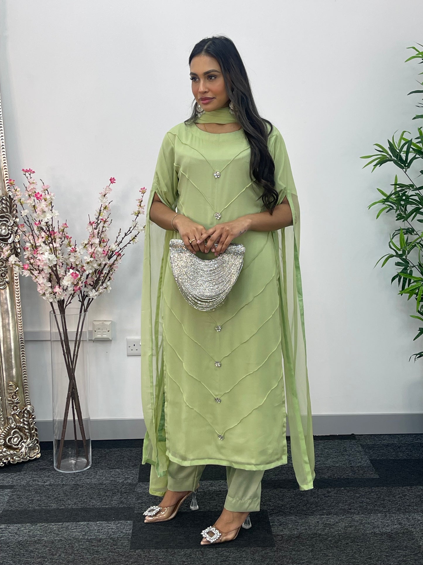 Green - Floor Length Sleeves - Chiffon Outfit -