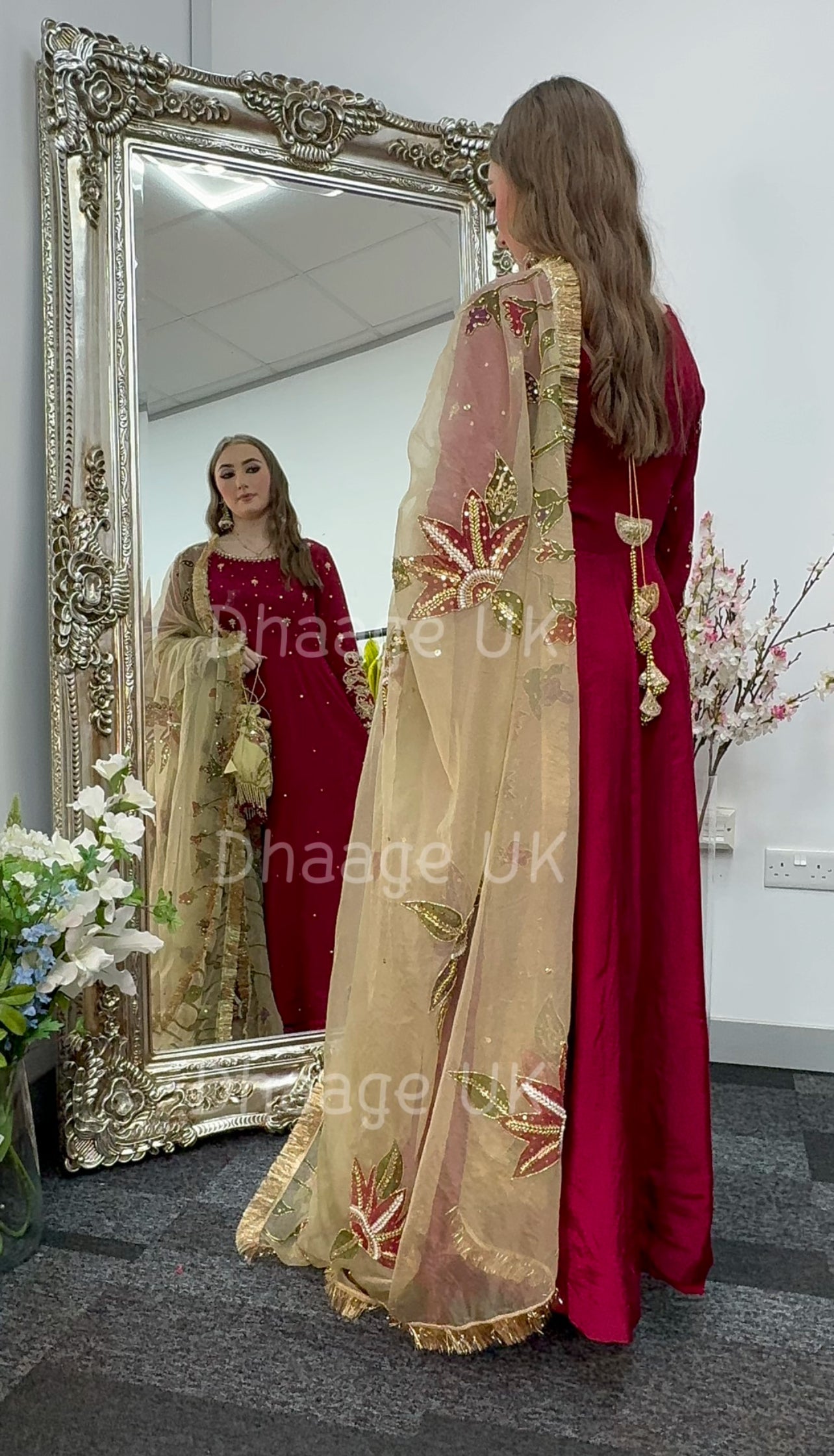 (Pre Order 3/4 Weeks) “GUL BANO” - Hand Painted Dupatta with Hand Work -Anarkali - Maroon Gold - Noor