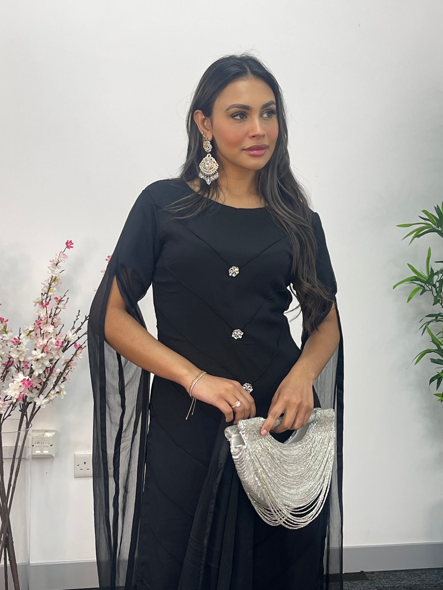 Black - Floor Length Sleeves - Chiffon Outfit -