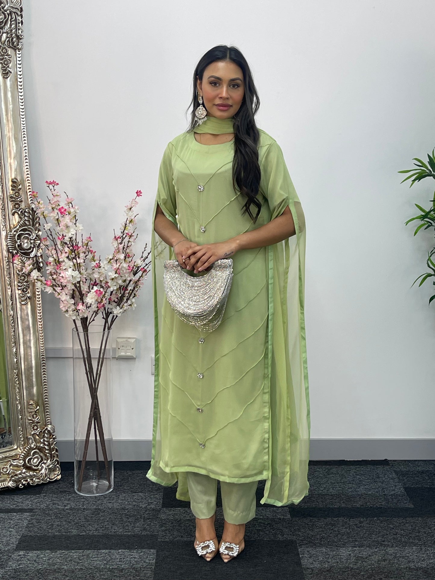 Green - Floor Length Sleeves - Chiffon Outfit -