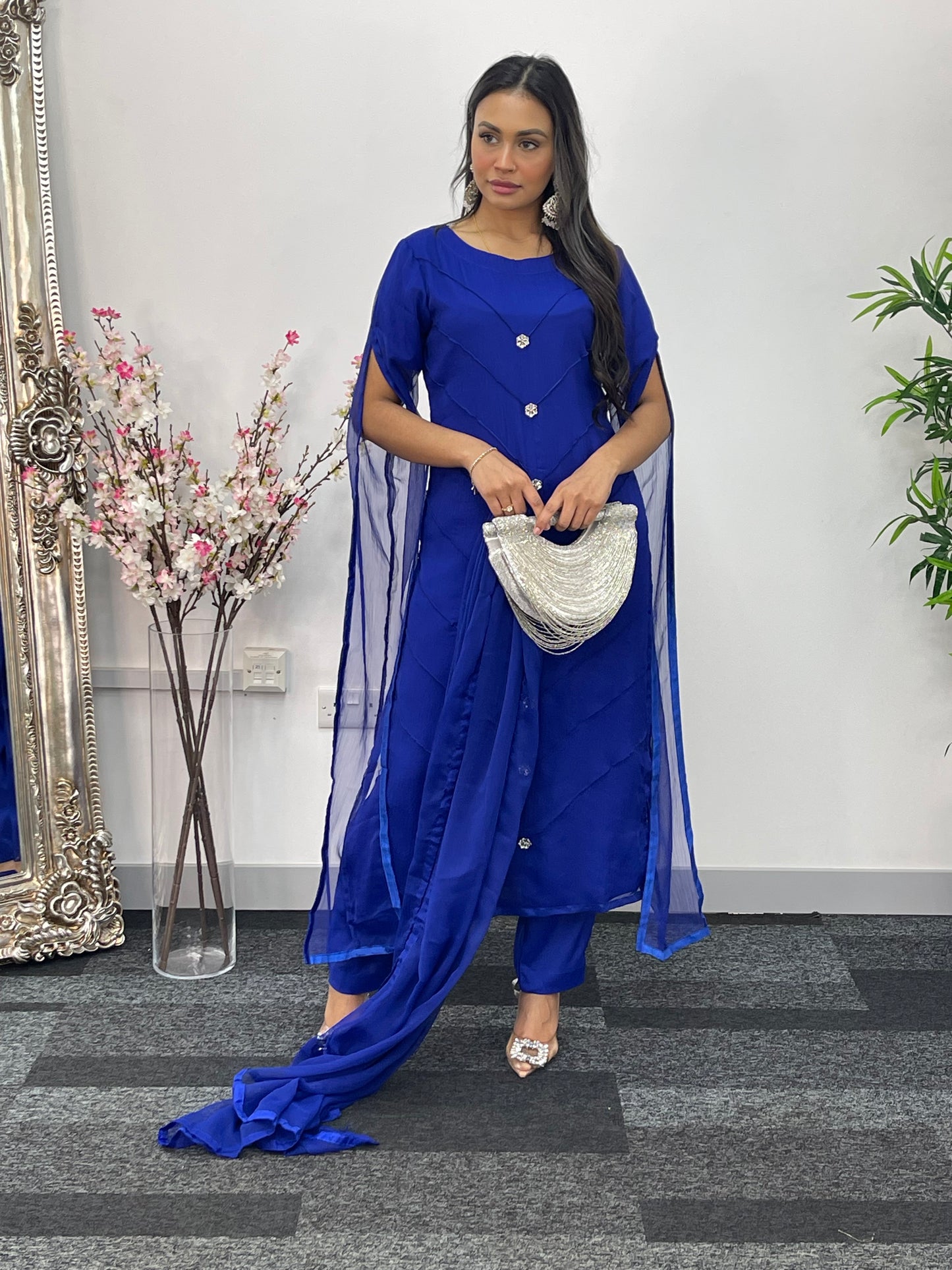 Blue - Floor Length Sleeves - Chiffon Outfit -