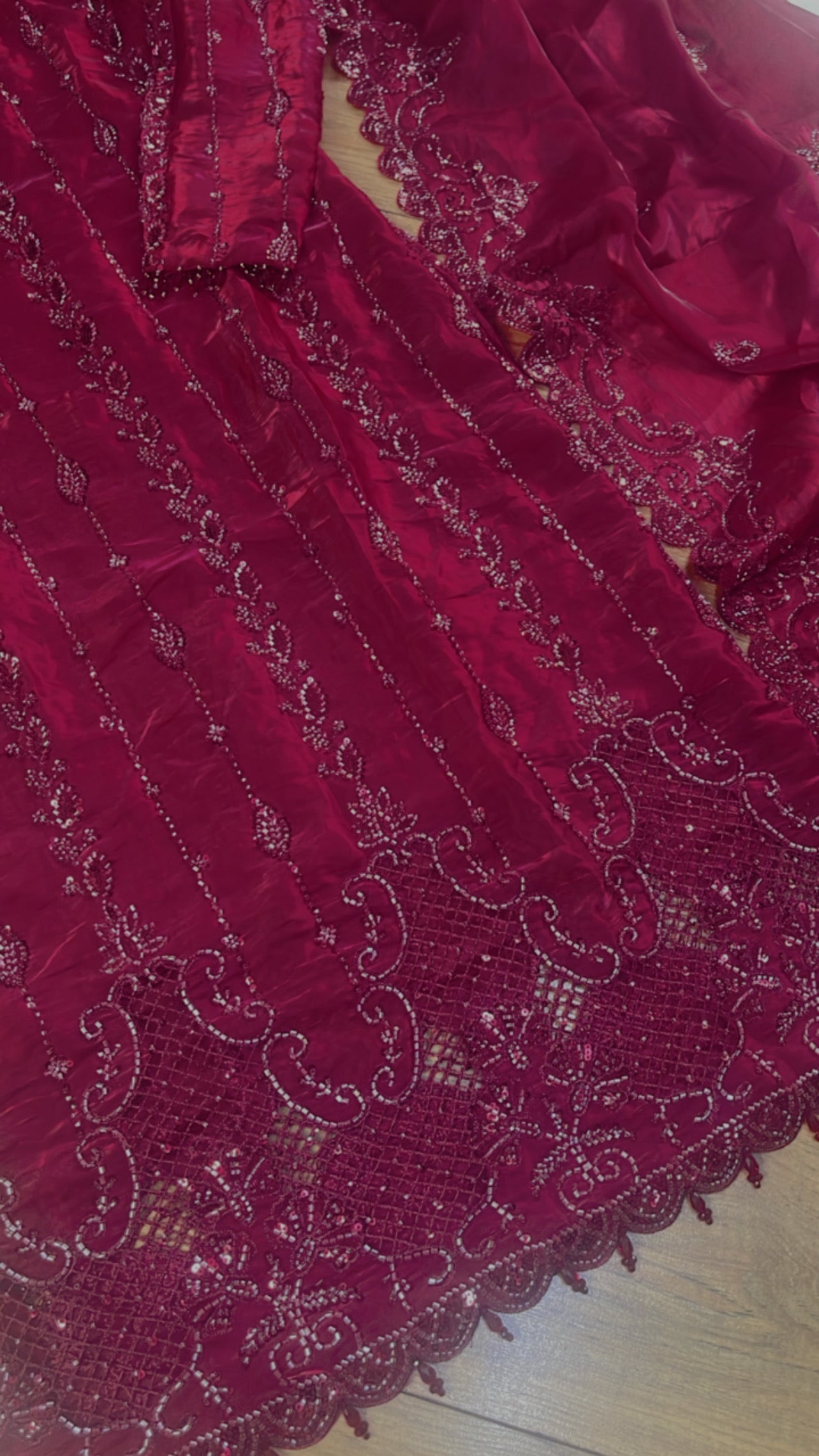 Tara - Korean Silk Cut Dana - Party Wear - CutWork - Maroon - taara