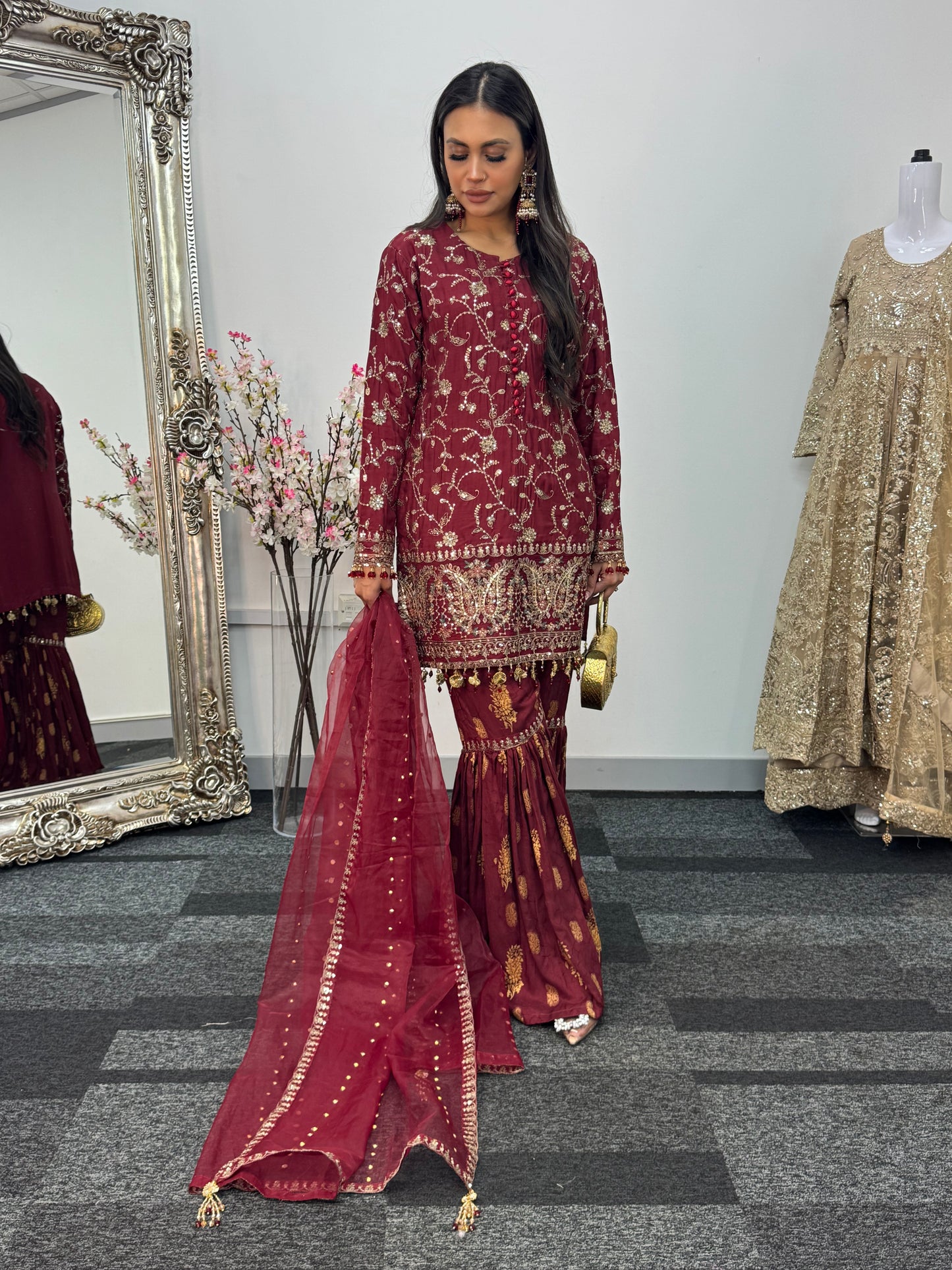 “Dulhan” Maria B Inspired - Embriodered Maroon Garara - Wedding - Jacquard