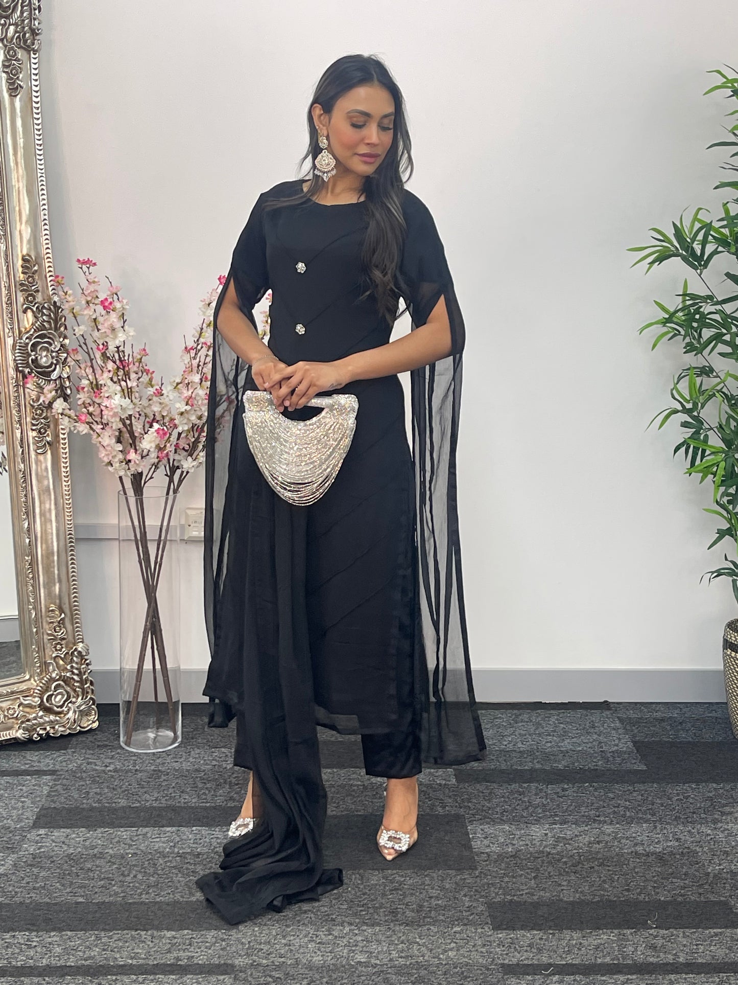 Black - Floor Length Sleeves - Chiffon Outfit -
