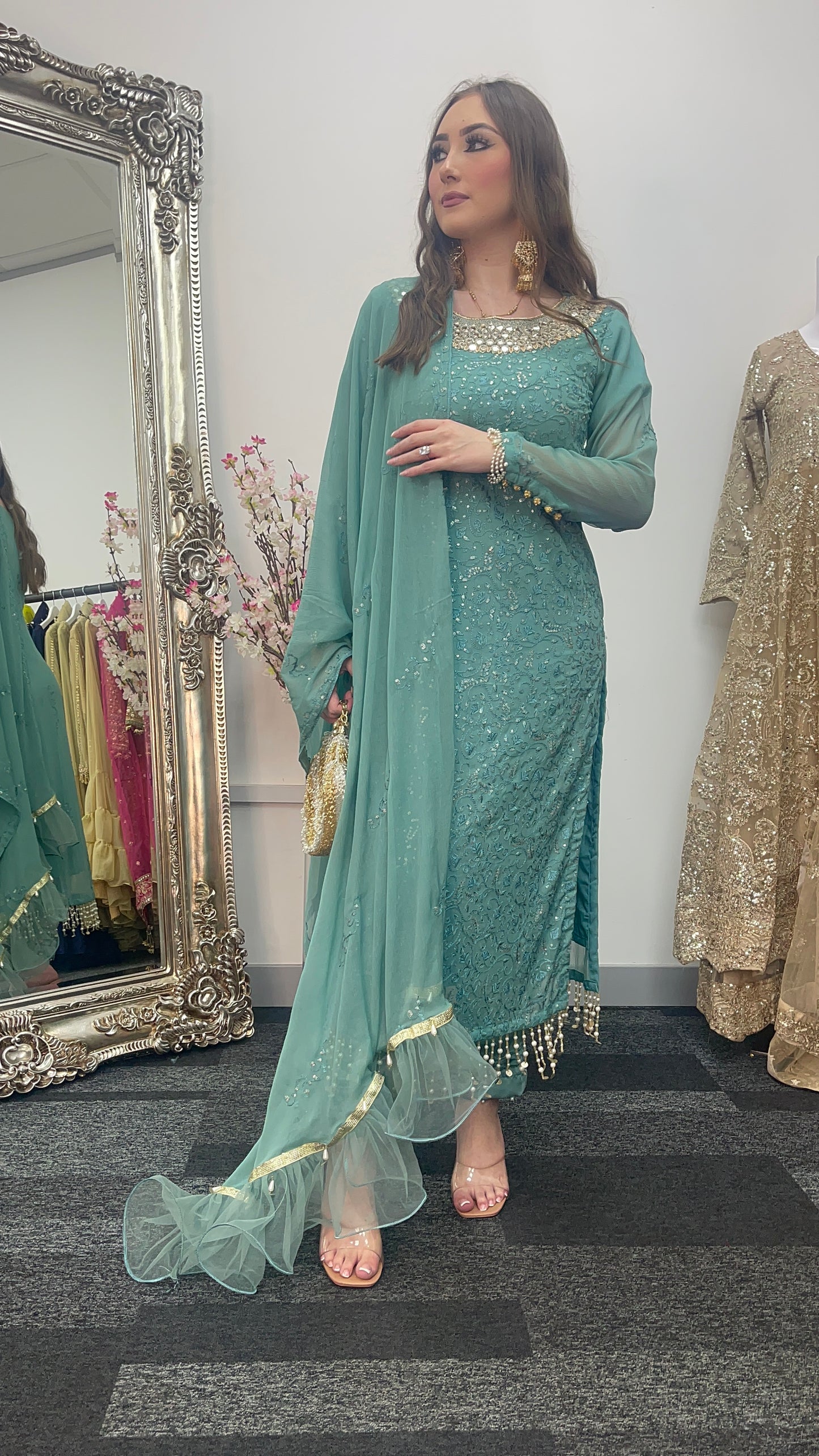 Chamkeeli - Hand Work - Chiffon Party Wear - Egg Duck Blue