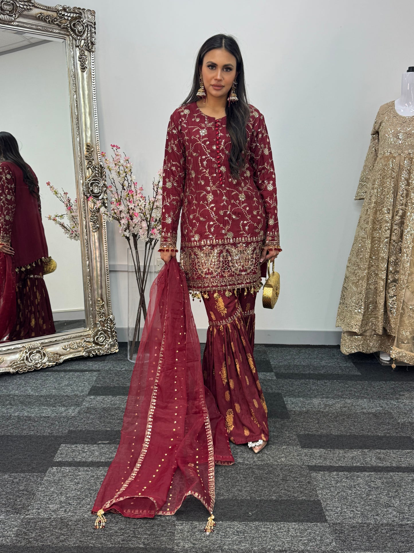 “Dulhan” Maria B Inspired - Embriodered Maroon Garara - Wedding - Jacquard