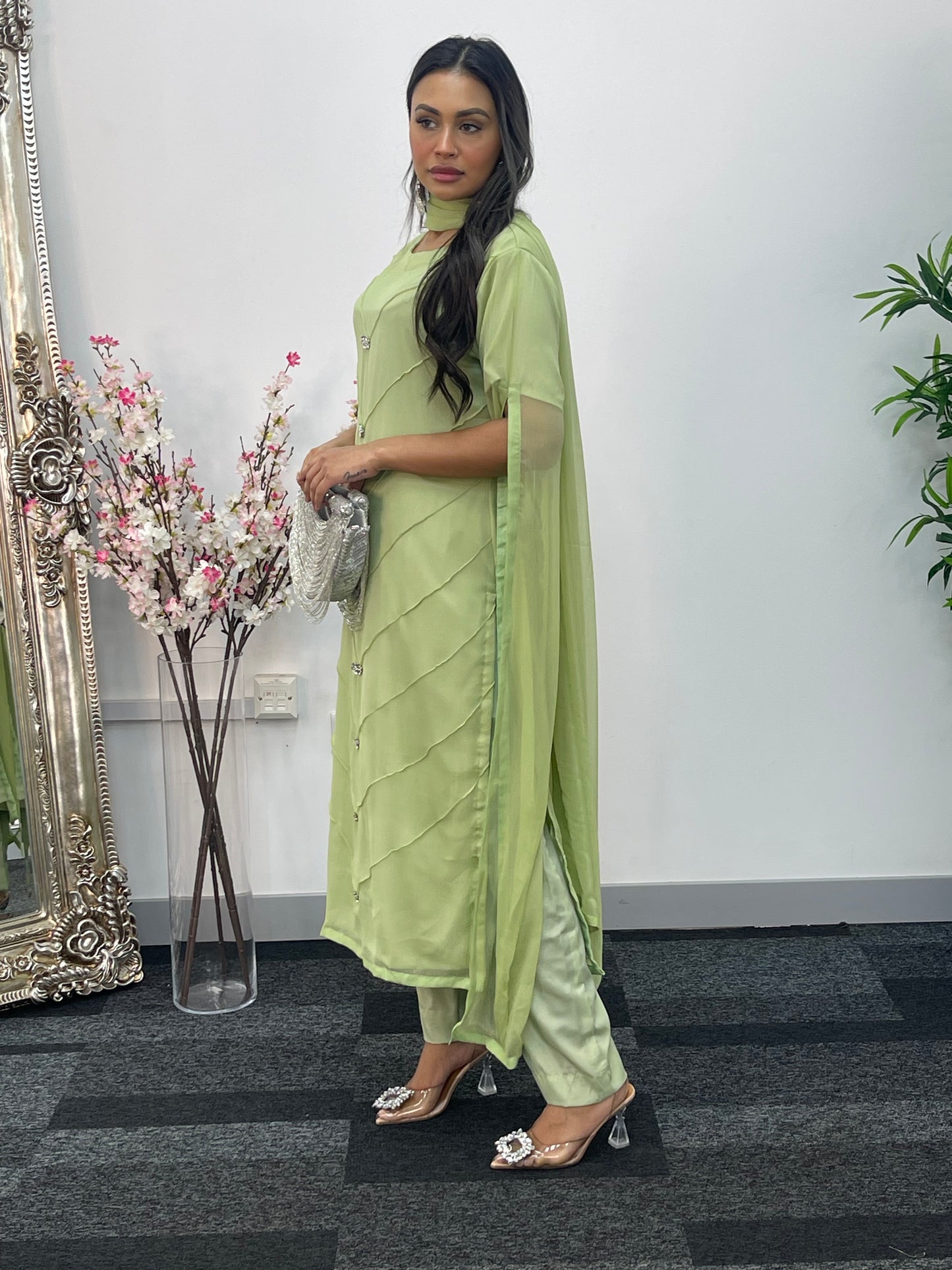 Green - Floor Length Sleeves - Chiffon Outfit -