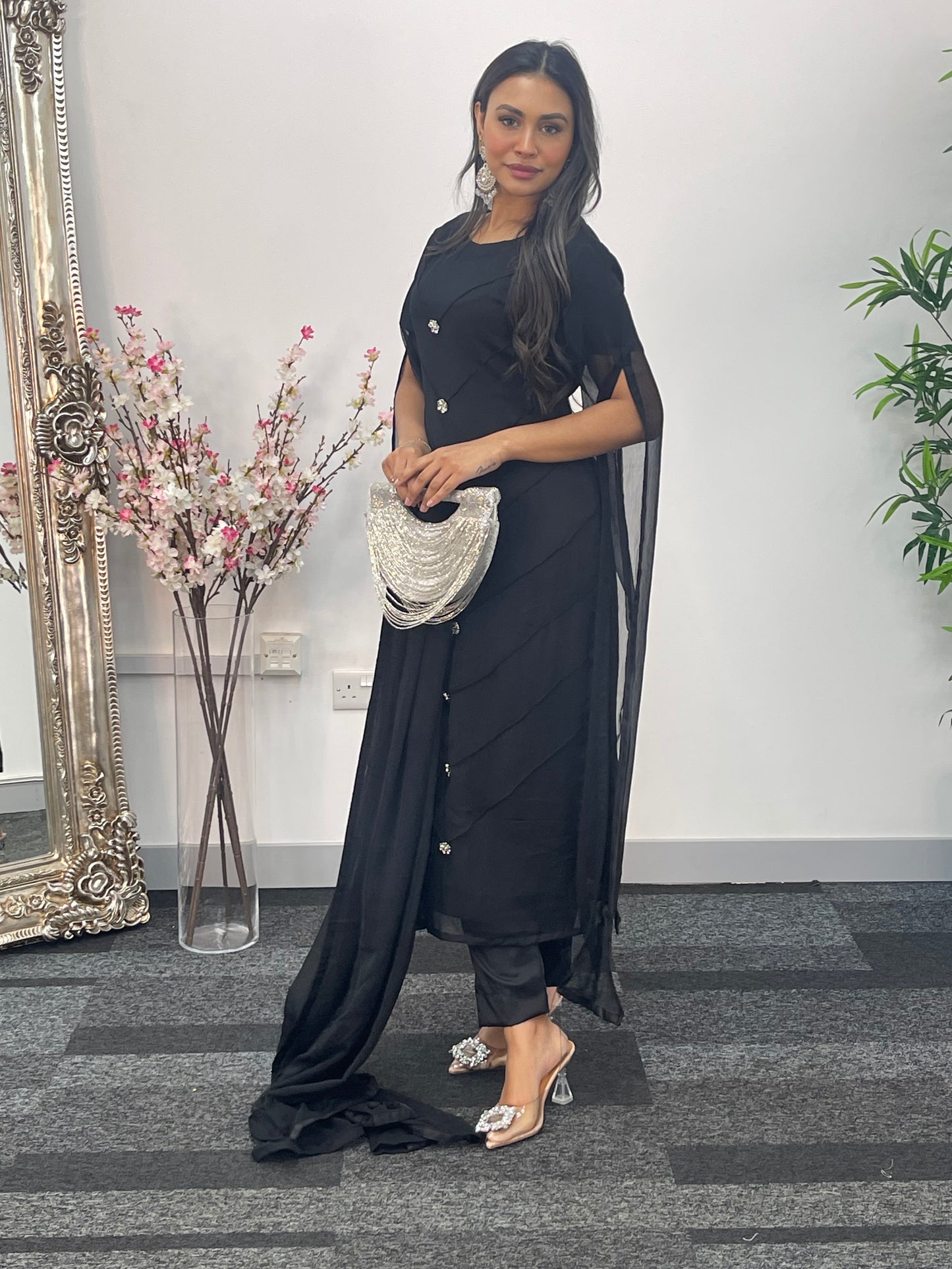 Black - Floor Length Sleeves - Chiffon Outfit -