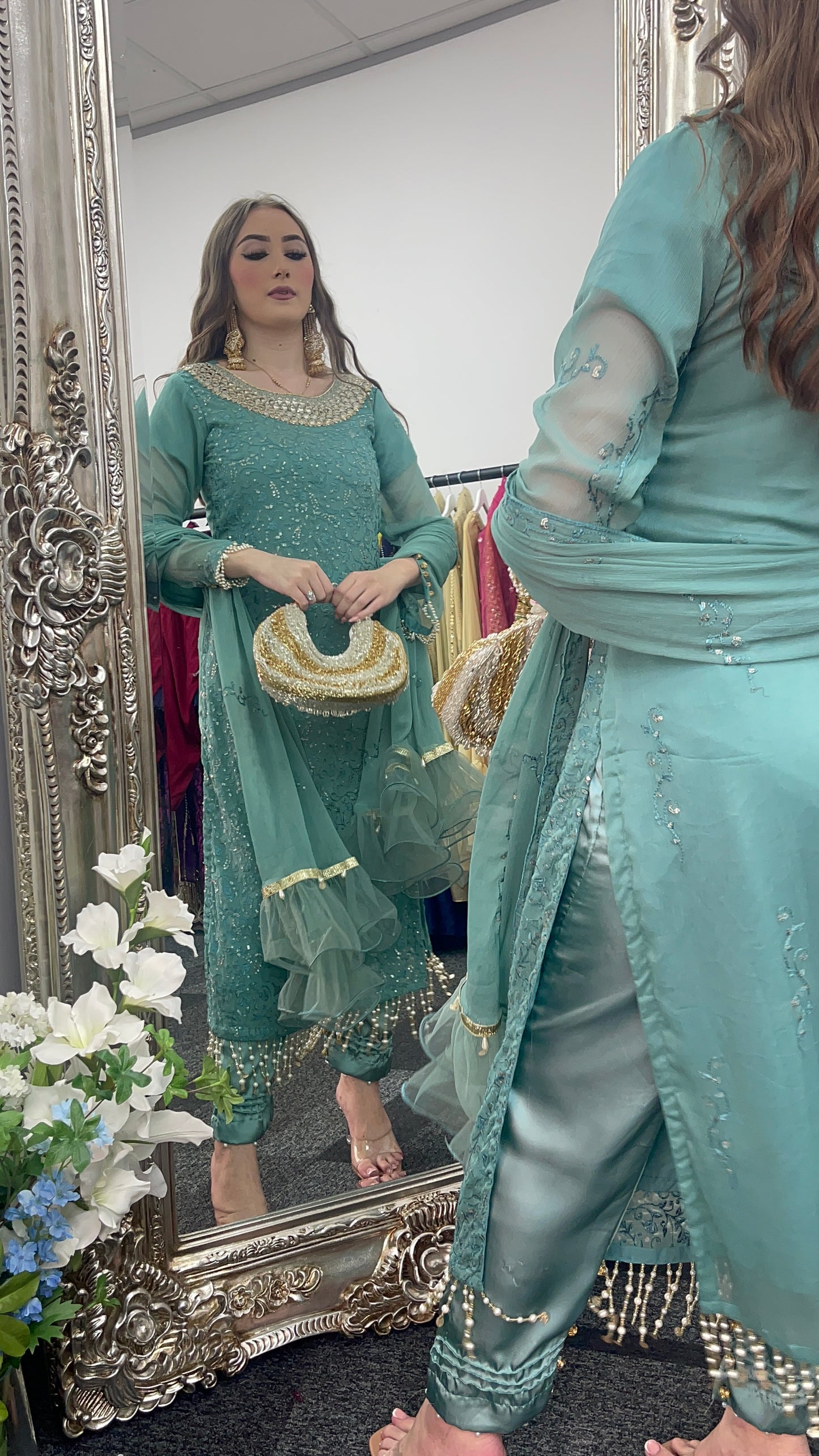 Chamkeeli - Hand Work - Chiffon Party Wear - Egg Duck Blue