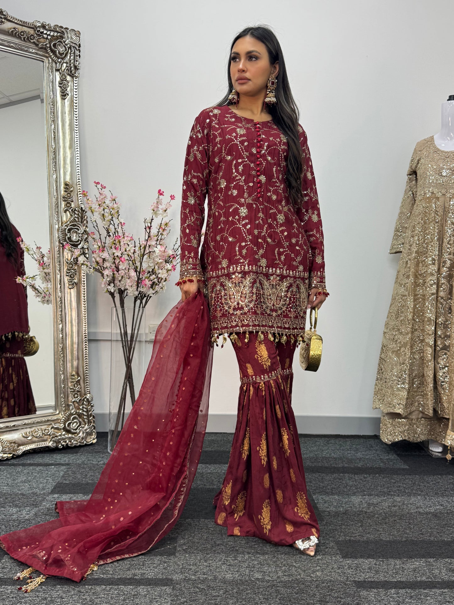 “Dulhan” Maria B Inspired - Embriodered Maroon Garara - Wedding - Jacquard