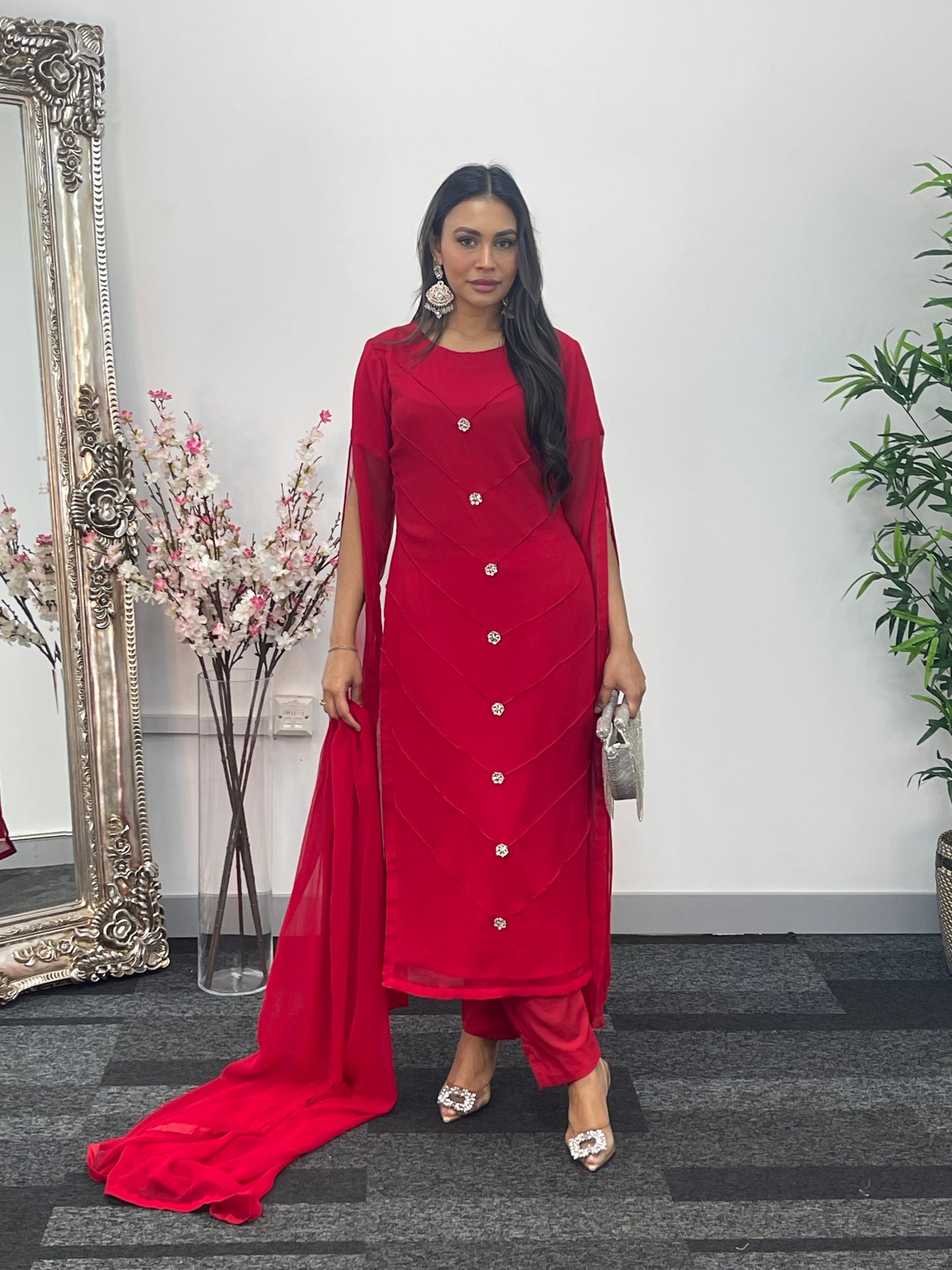Red - Floor Length Sleeves - Chiffon Outfit -