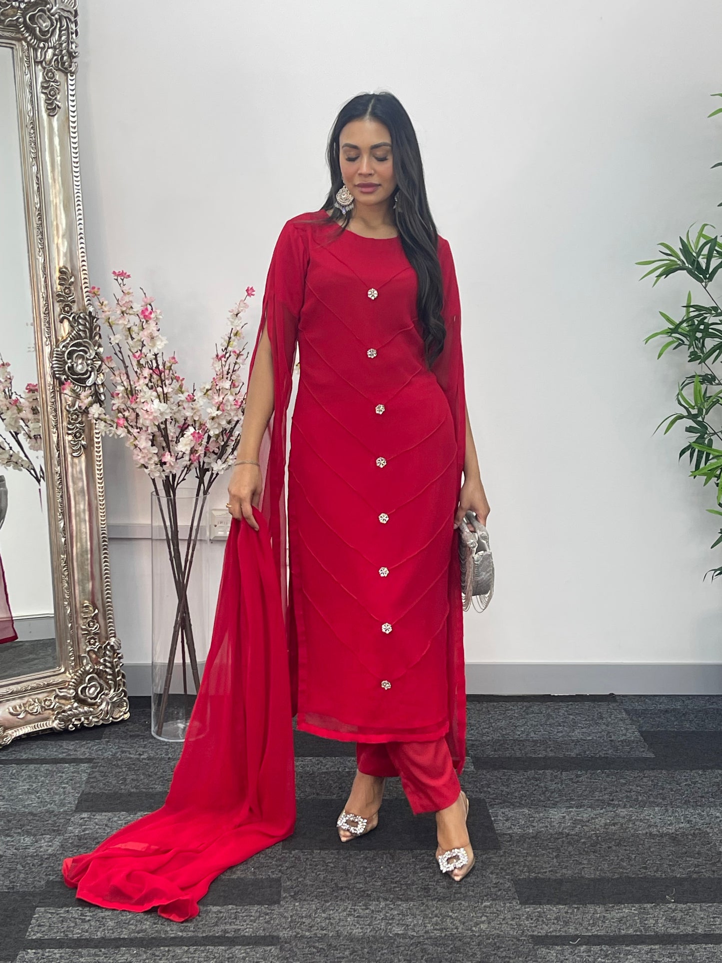 Red - Floor Length Sleeves - Chiffon Outfit -
