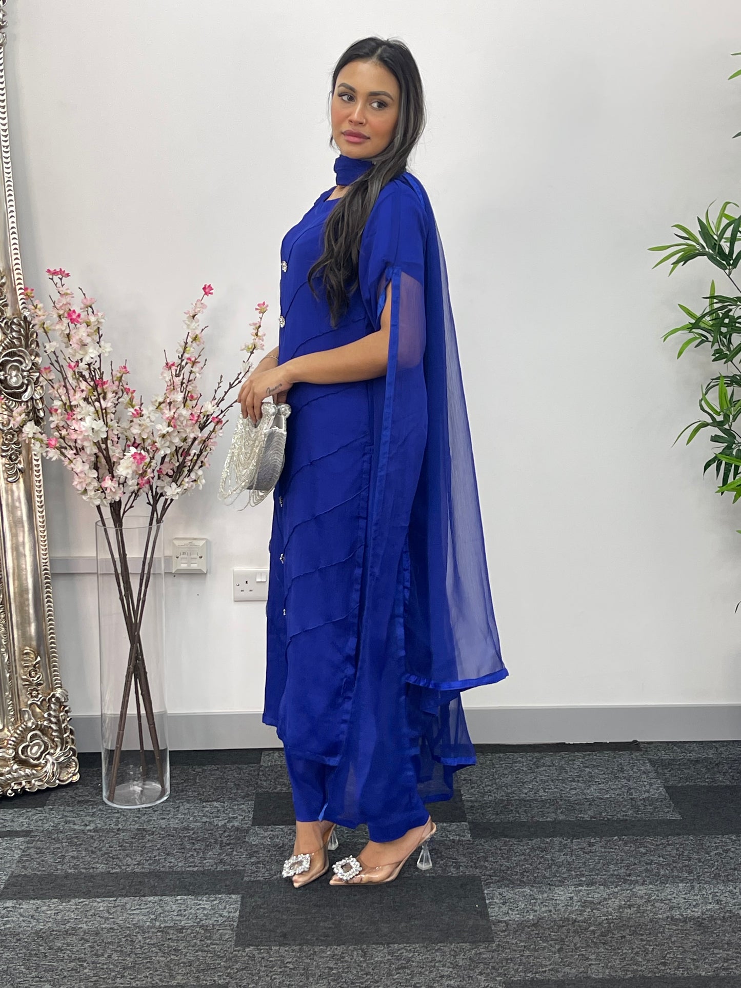 Blue - Floor Length Sleeves - Chiffon Outfit -