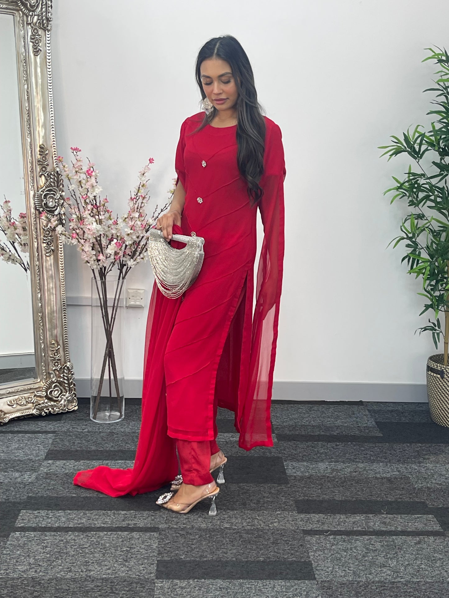 Red - Floor Length Sleeves - Chiffon Outfit -