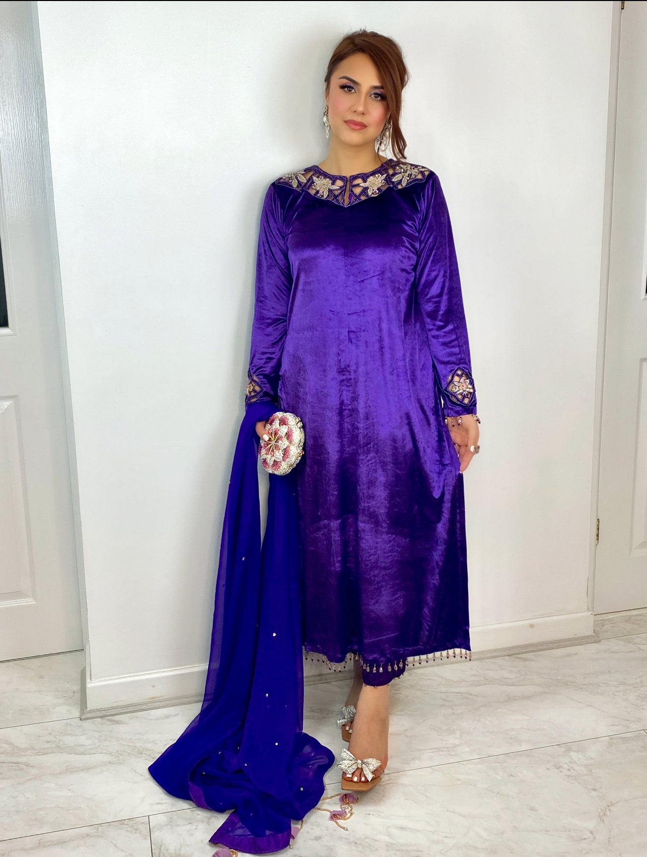 (Preorder 4 weeks) “Sheh-nai” Purple Velvet Pret with gold and Silver - Wedding Outfit