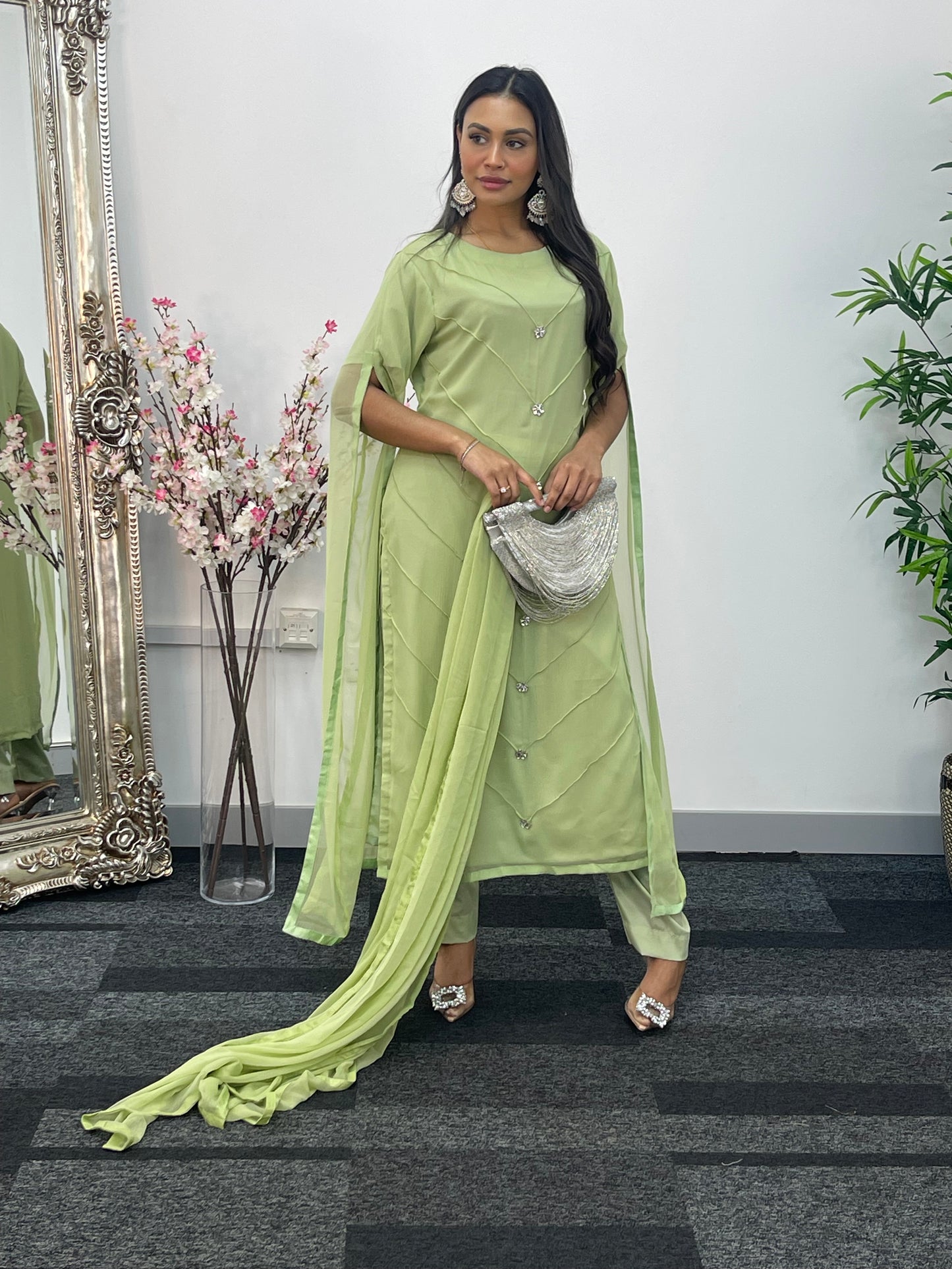 Green - Floor Length Sleeves - Chiffon Outfit -