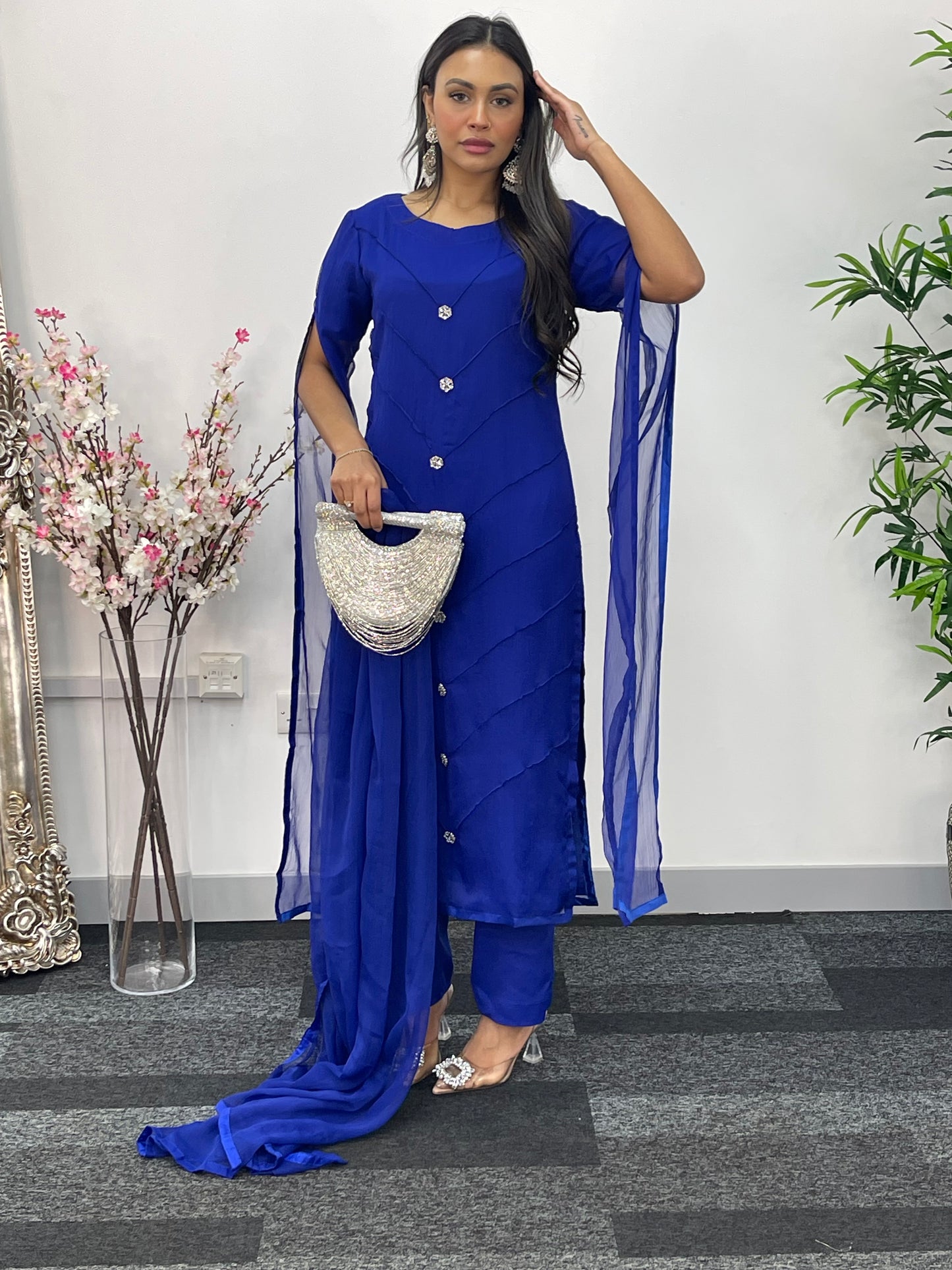 Blue - Floor Length Sleeves - Chiffon Outfit -