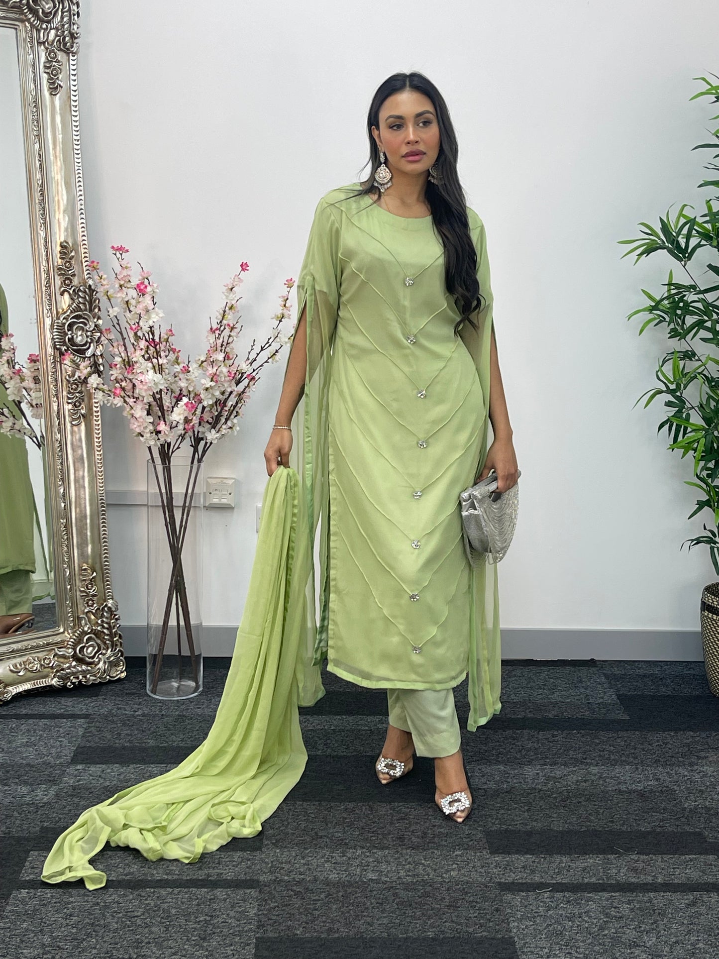Green - Floor Length Sleeves - Chiffon Outfit -