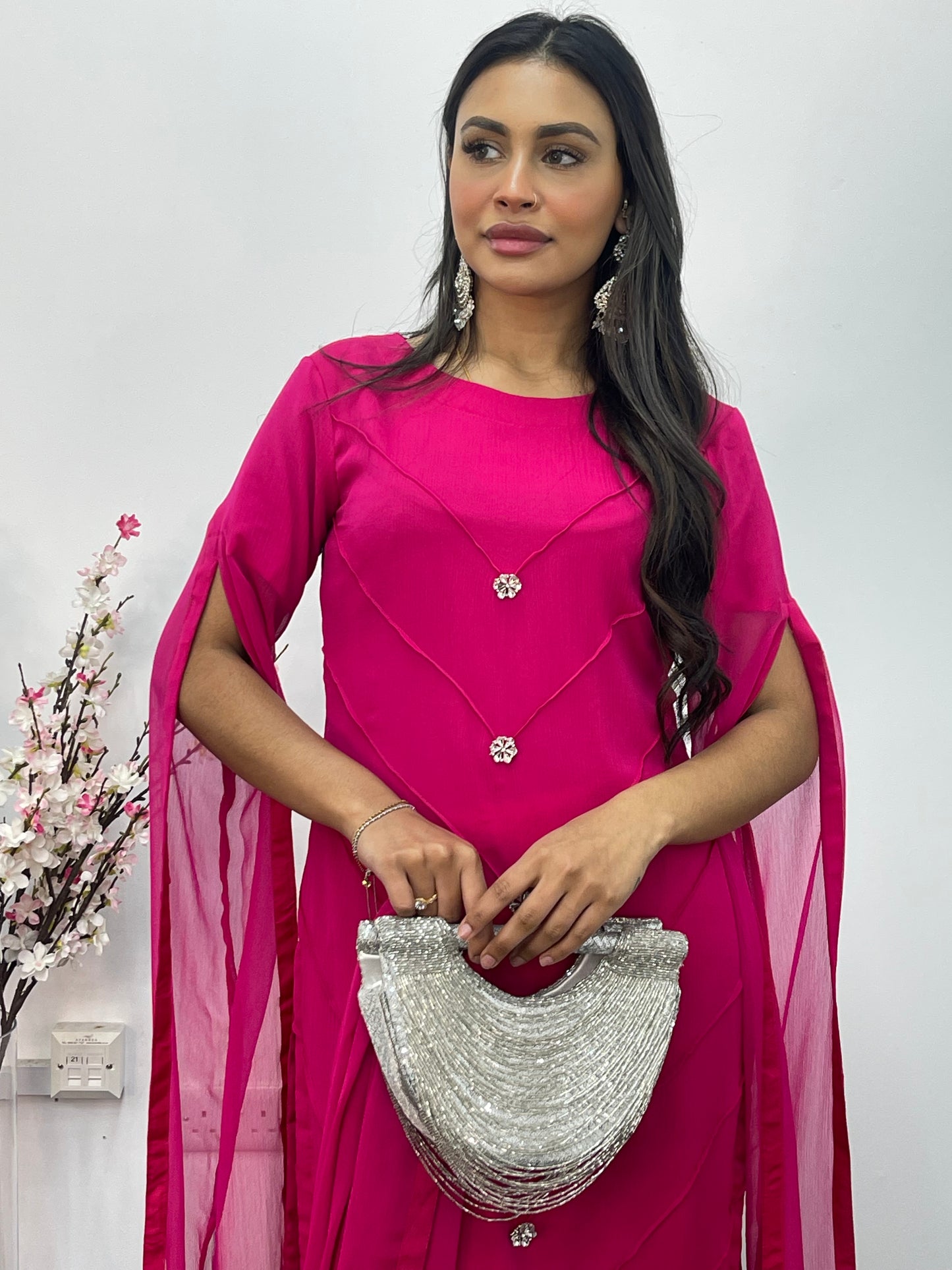 Hot Pink - Floor Length Sleeves - Chiffon Outfit -
