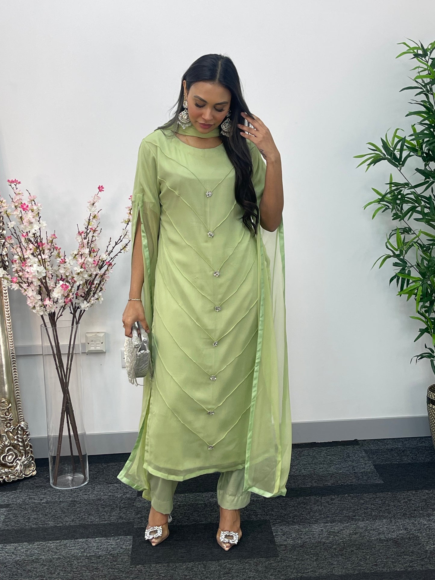 Green - Floor Length Sleeves - Chiffon Outfit -