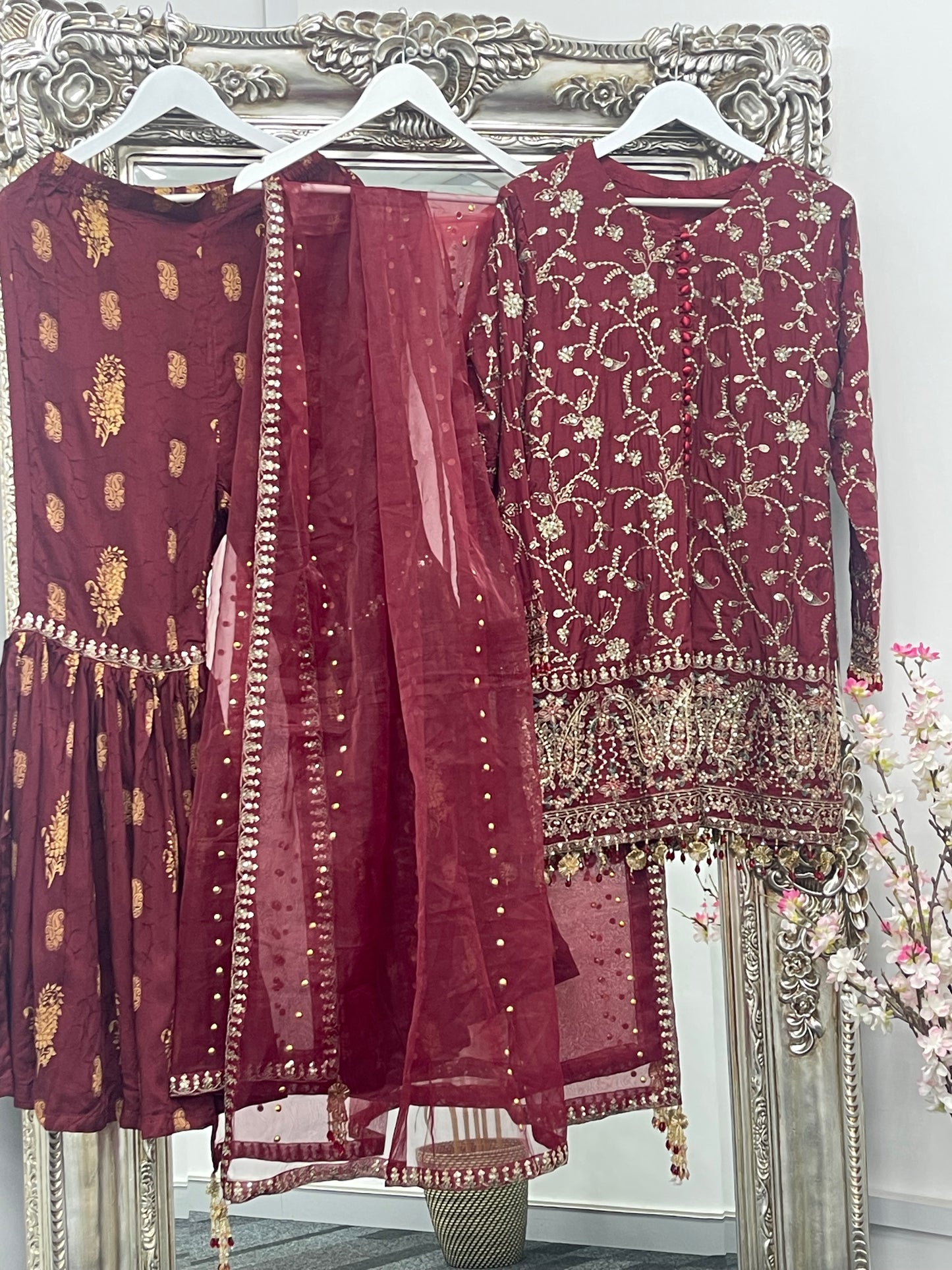 “Dulhan” Maria B Inspired - Embriodered Maroon Garara - Wedding - Jacquard