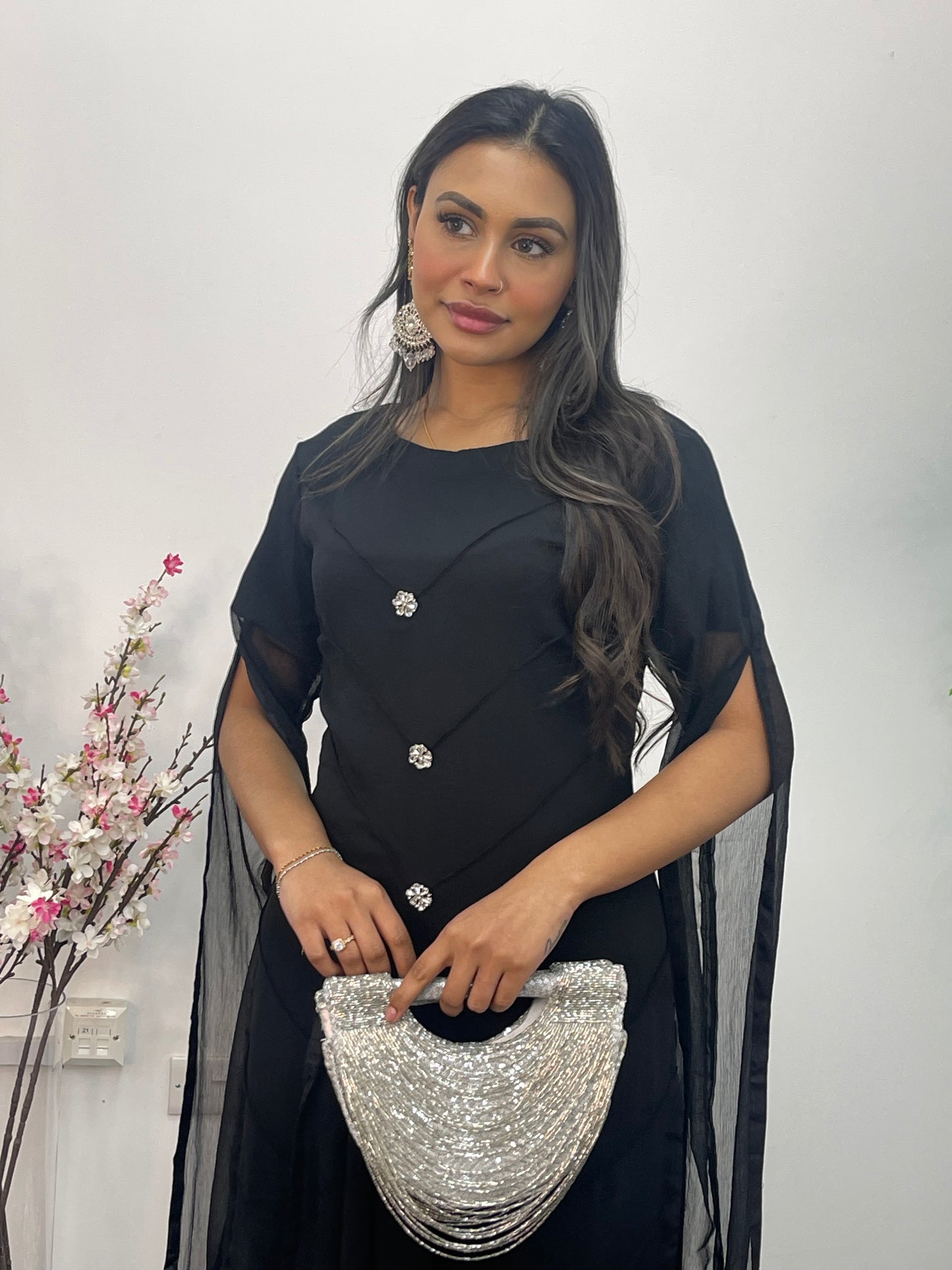 Black - Floor Length Sleeves - Chiffon Outfit -