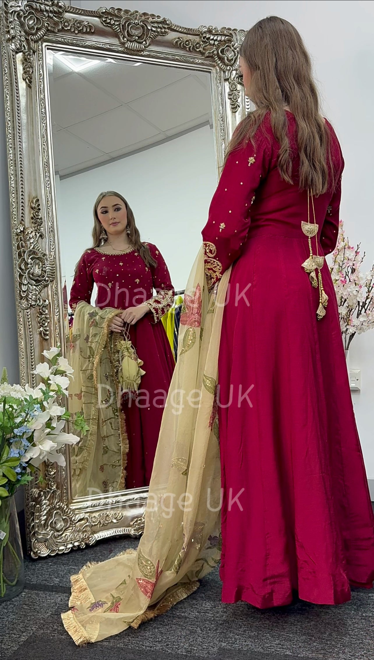 (Pre Order 3/4 Weeks) “GUL BANO” - Hand Painted Dupatta with Hand Work -Anarkali - Maroon Gold - Noor