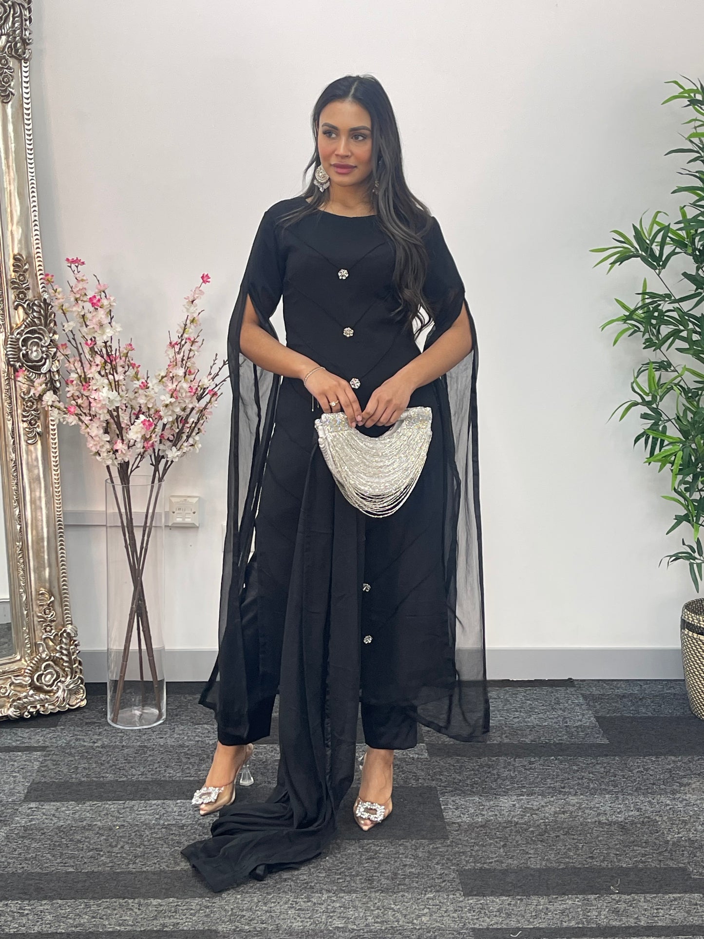 Black - Floor Length Sleeves - Chiffon Outfit -