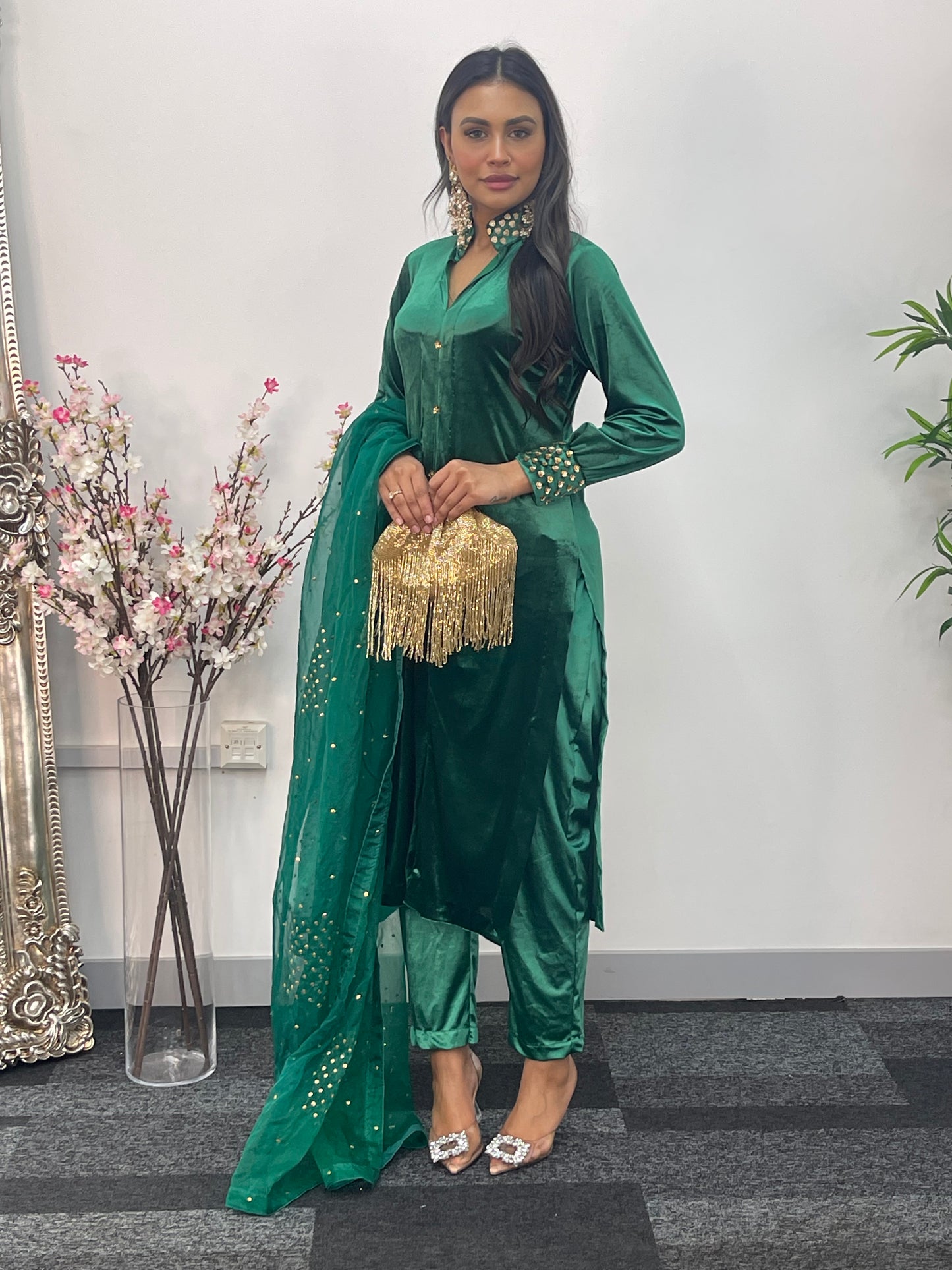 Sona l Green Silk Velvet - Party Outfit l