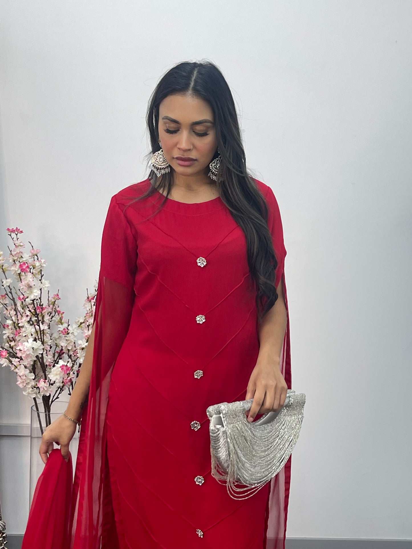 Red - Floor Length Sleeves - Chiffon Outfit -