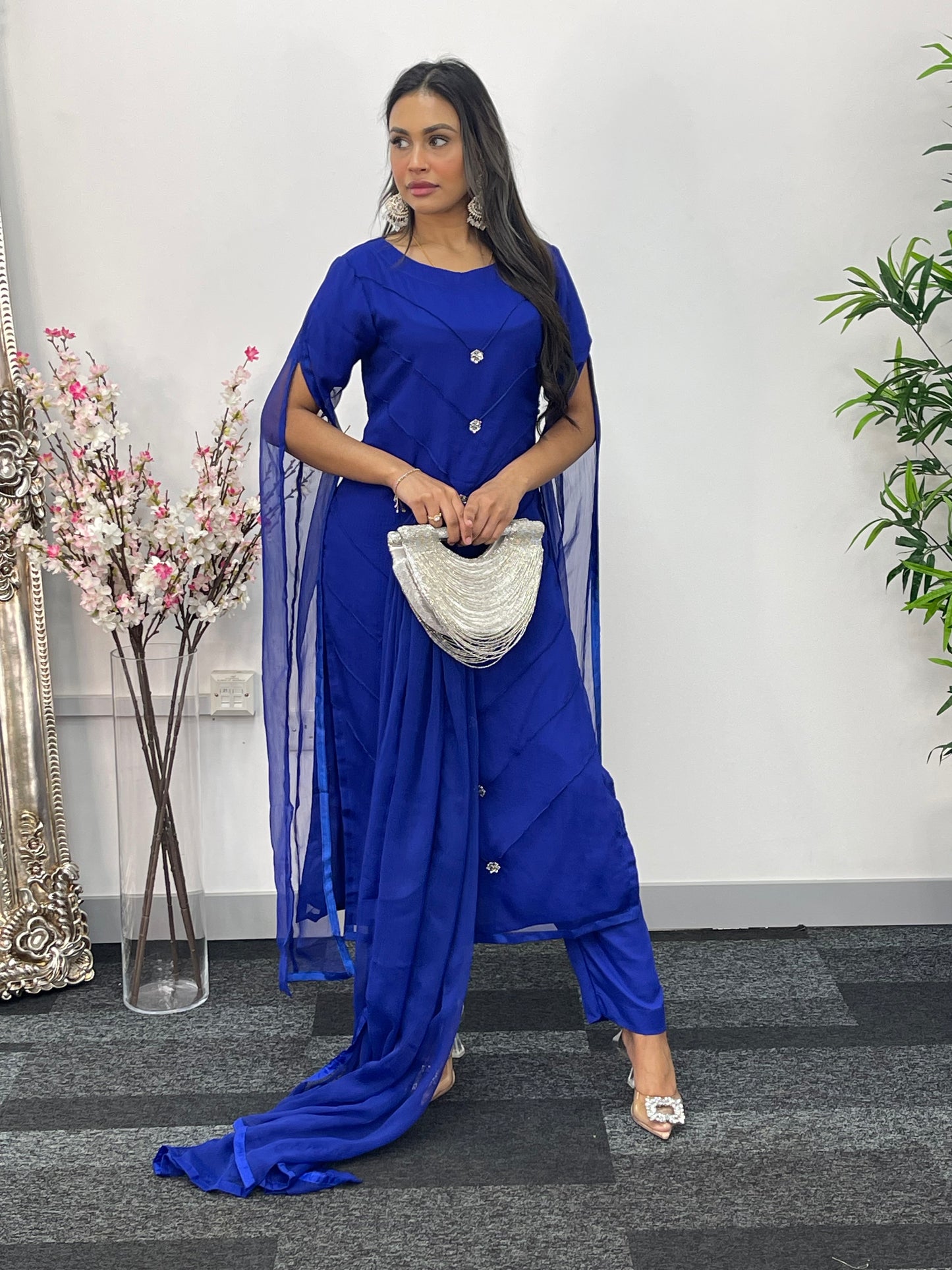 Blue - Floor Length Sleeves - Chiffon Outfit -