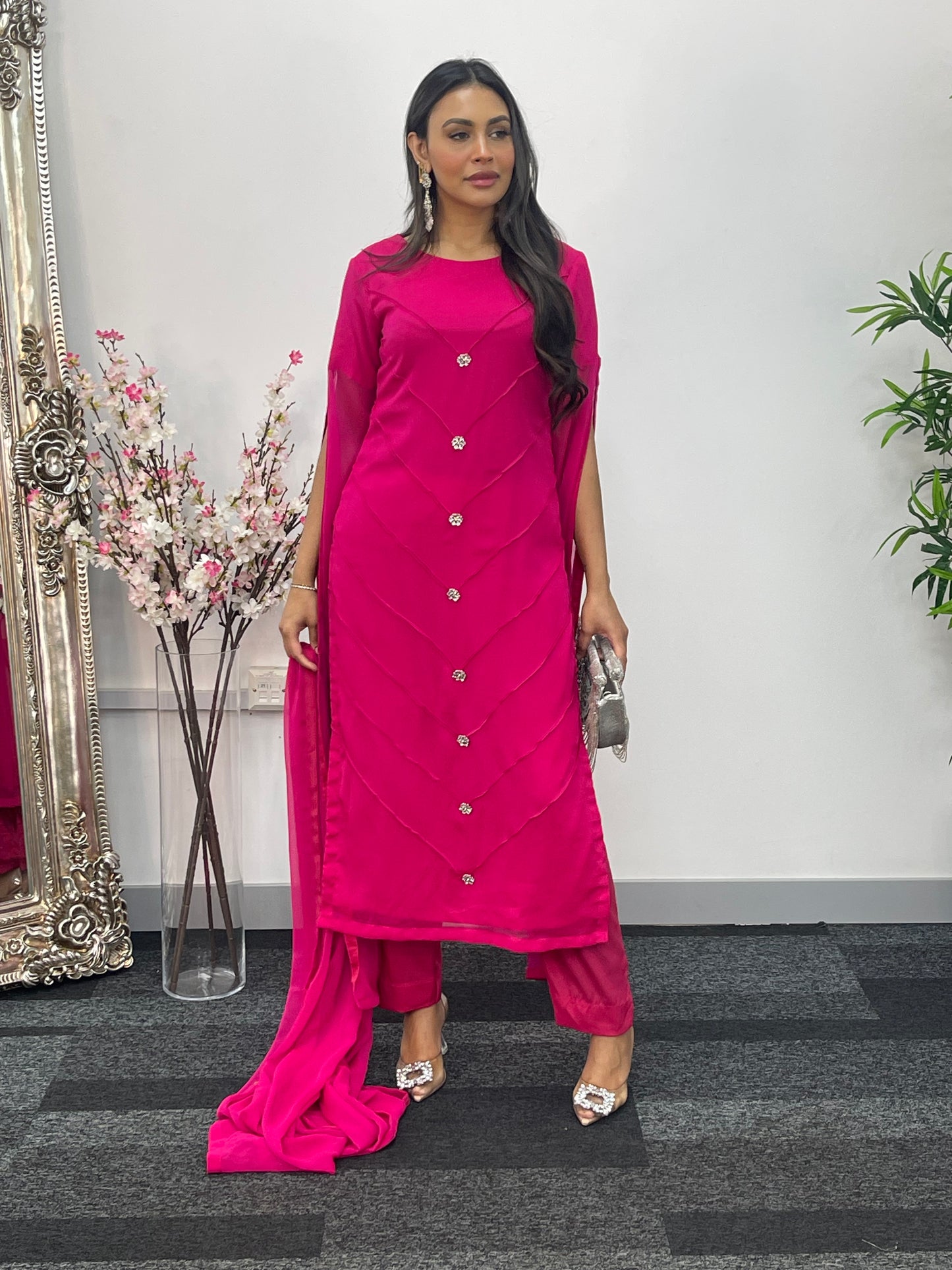 Hot Pink - Floor Length Sleeves - Chiffon Outfit -