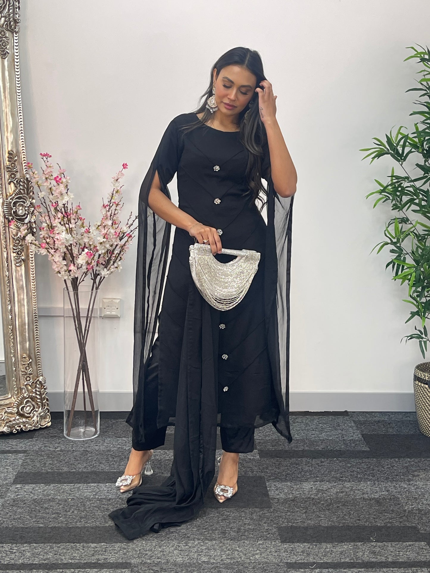 Black - Floor Length Sleeves - Chiffon Outfit -